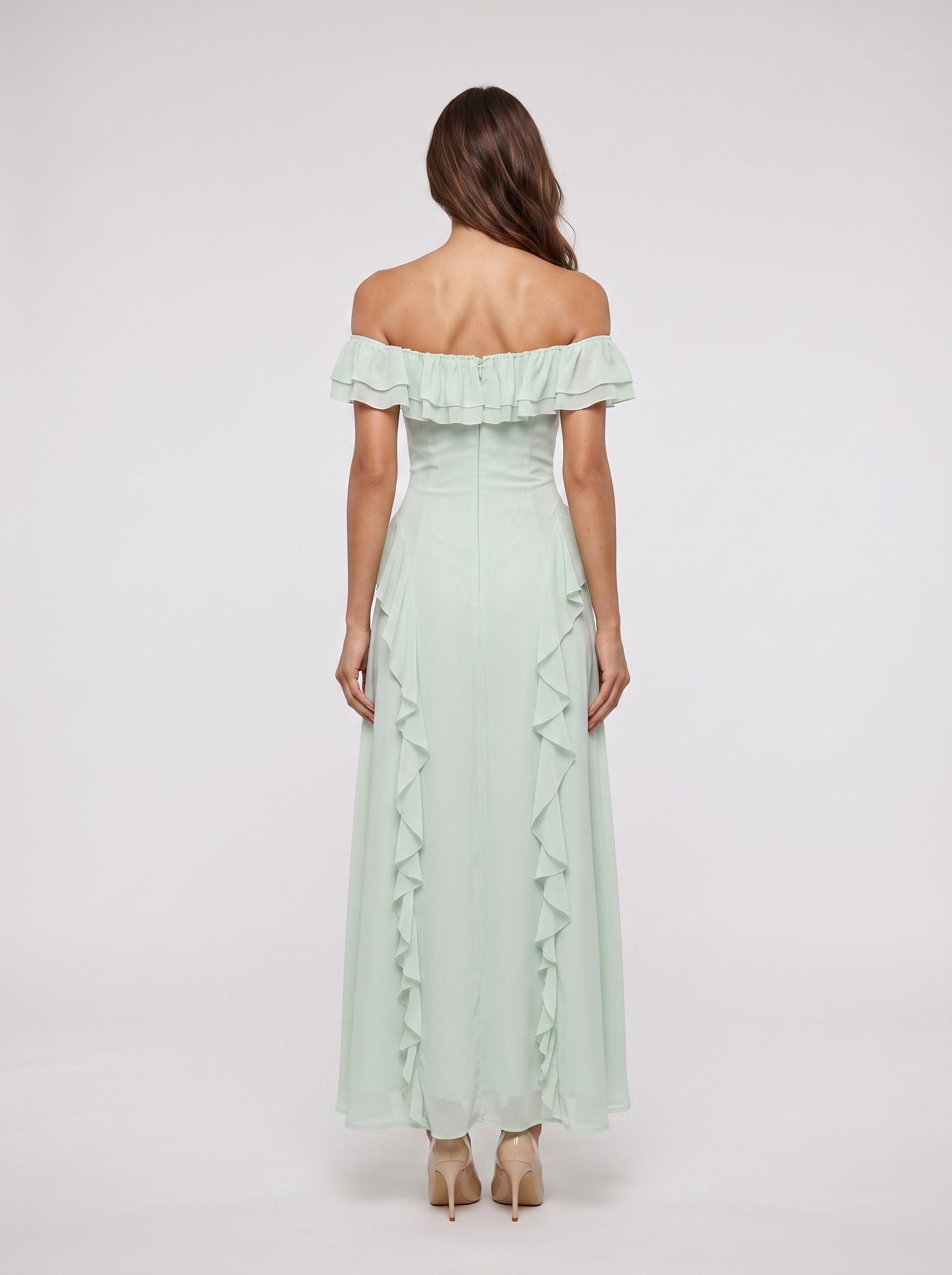 Mint Green Chiffon A-Line Off-the-Shoulder Back Zip Floor-Length Dress with Ruffled Neckline