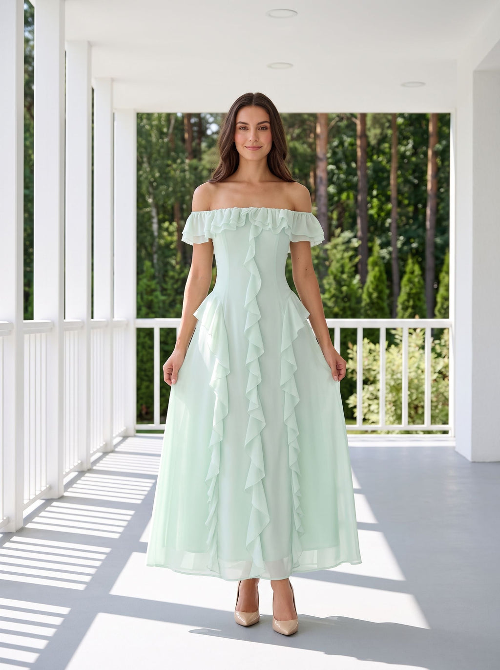 Mint Green Chiffon A-Line Off-the-Shoulder Back Zip Floor-Length Dress with Ruffled Neckline