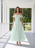 Mint Green Chiffon A-Line Off-the-Shoulder Back Zip Floor-Length Dress with Ruffled Neckline