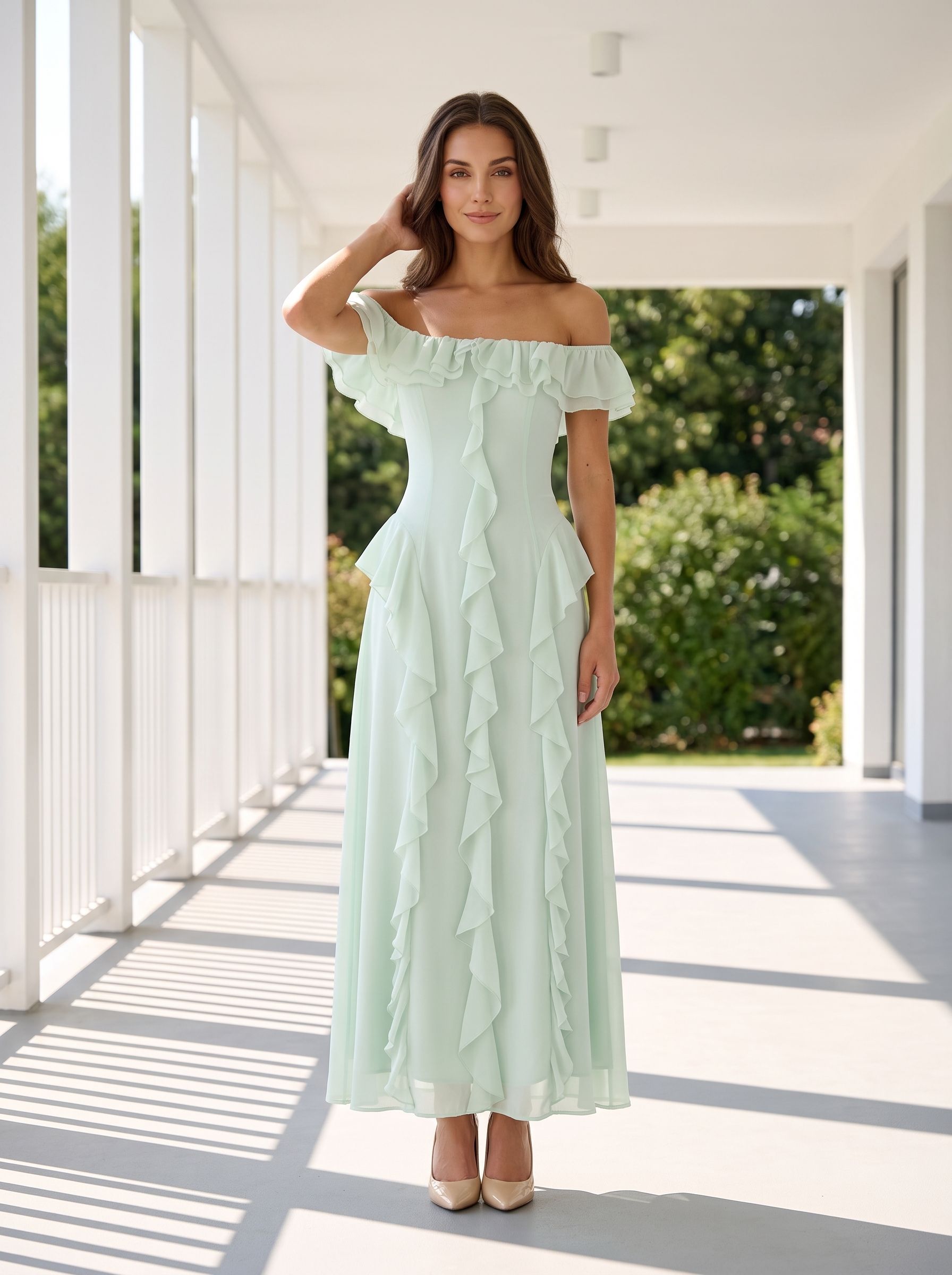 Mint Green Chiffon A-Line Off-the-Shoulder Back Zip Floor-Length Dress with Ruffled Neckline