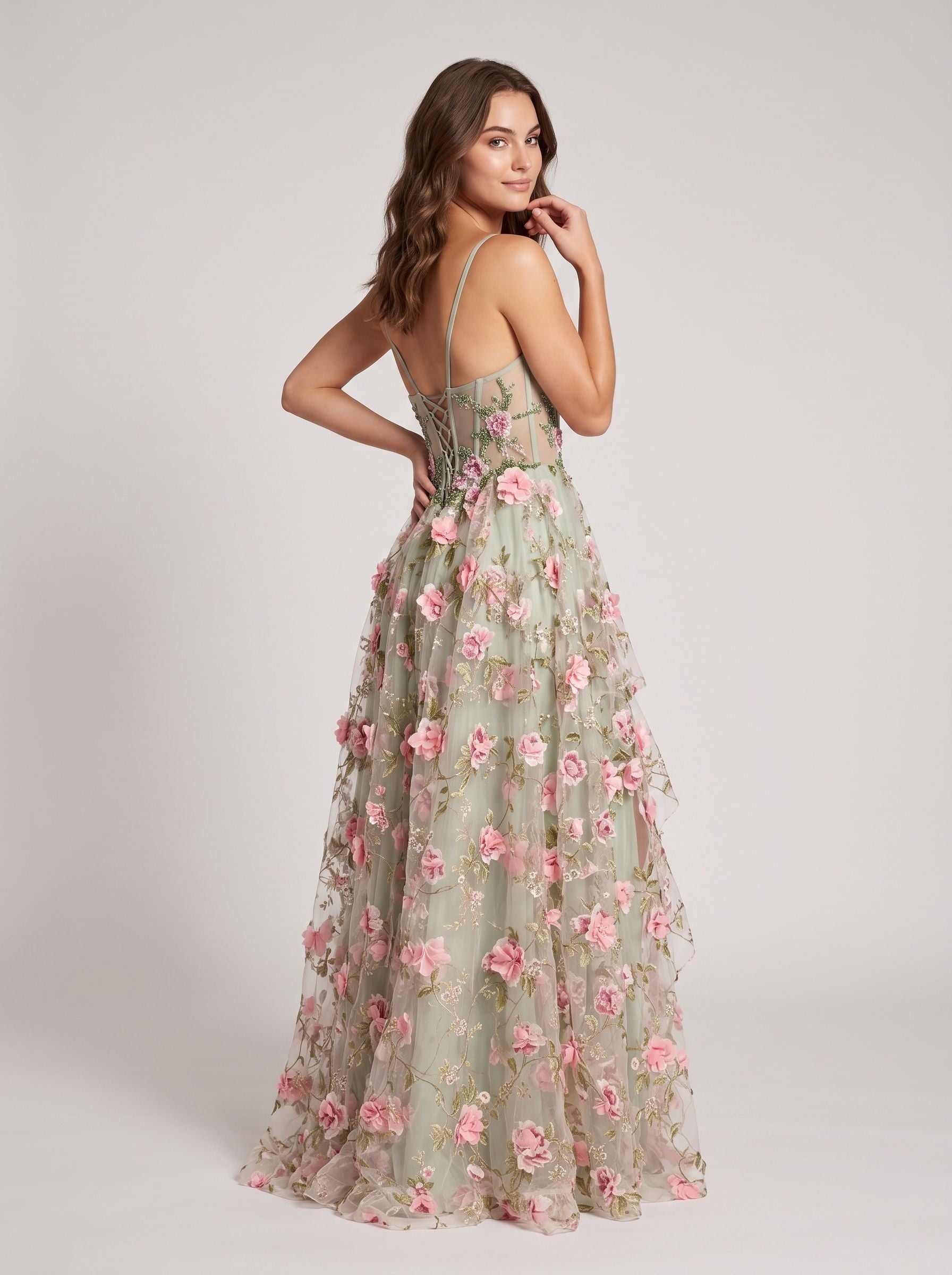 Sage Green Tulle A-Line Sweetheart Lace-up Floor-Length Dress with Sheer Corset