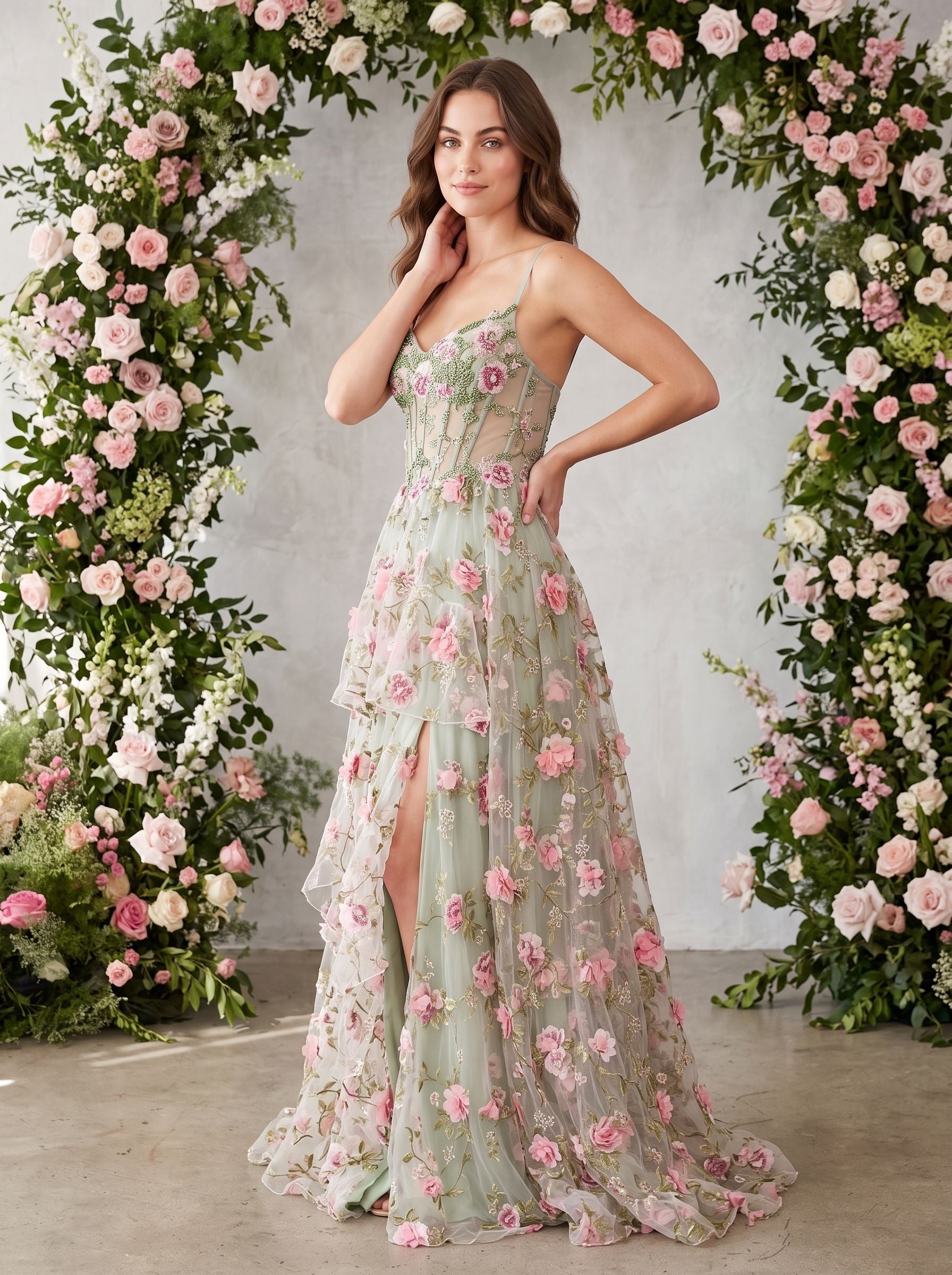 Sage Green Tulle A-Line Sweetheart Lace-up Floor-Length Dress with Sheer Corset
