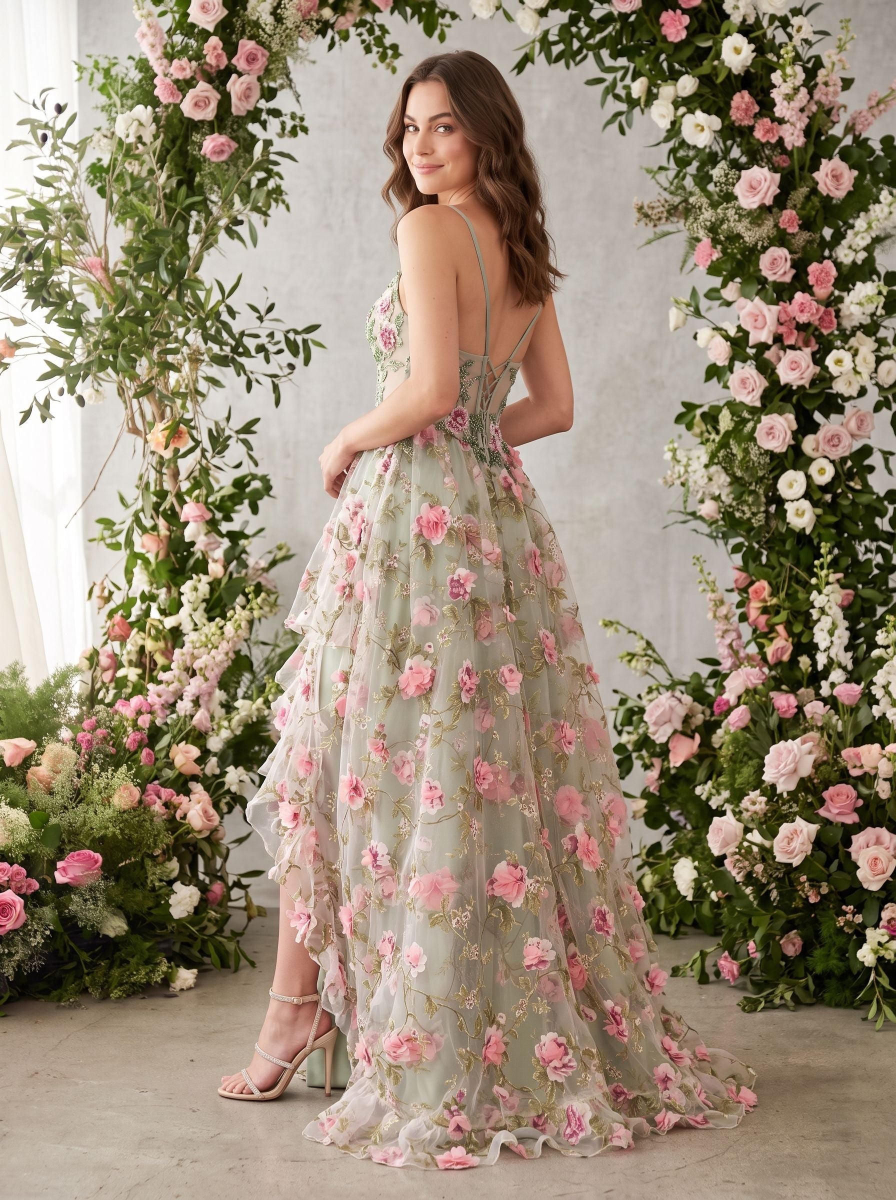 Sage Green Tulle A-Line Sweetheart Lace-up Floor-Length Dress with Sheer Corset