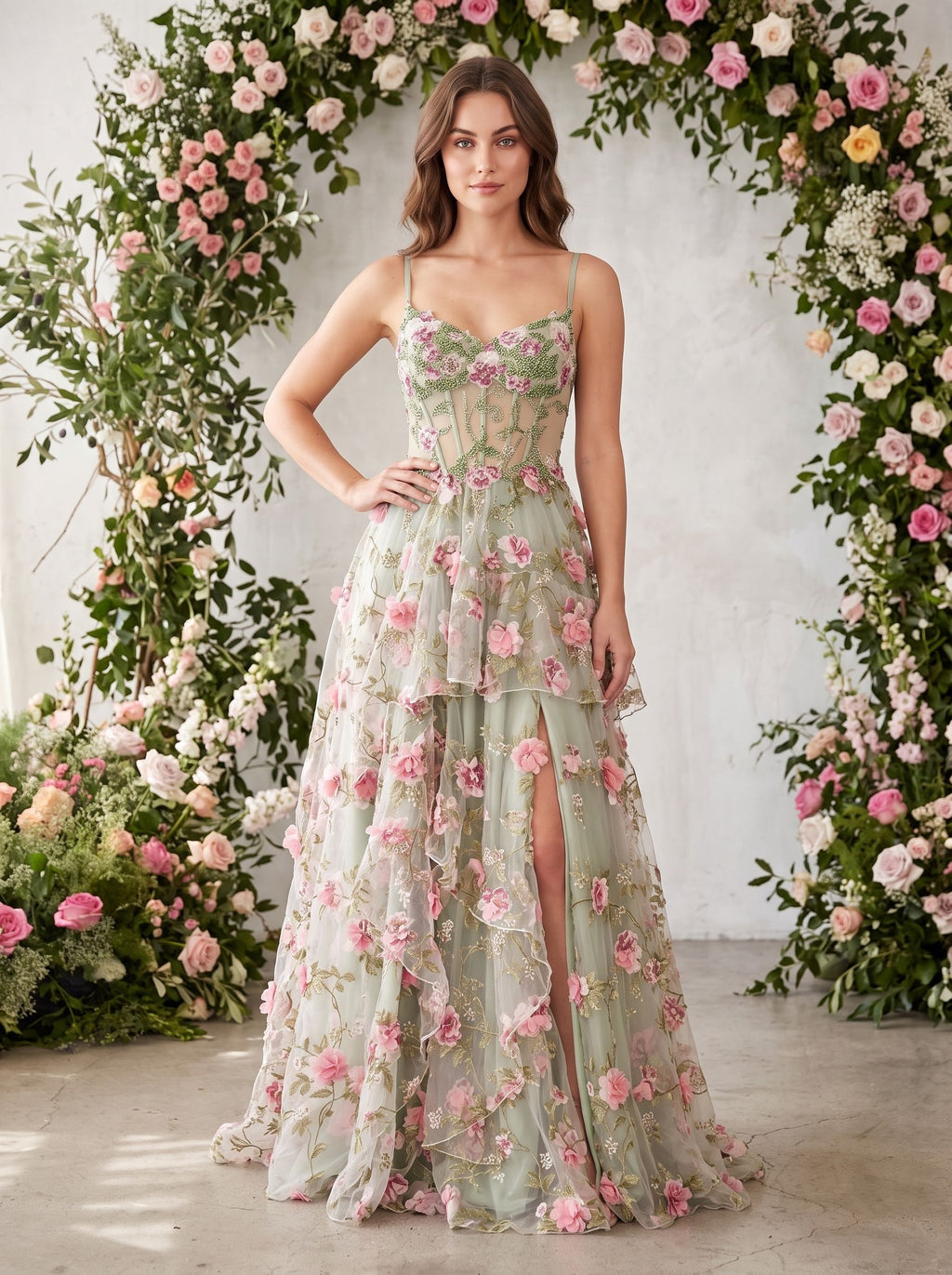 Sage Green Tulle A-Line Sweetheart Lace-up Floor-Length Dress with Sheer Corset
