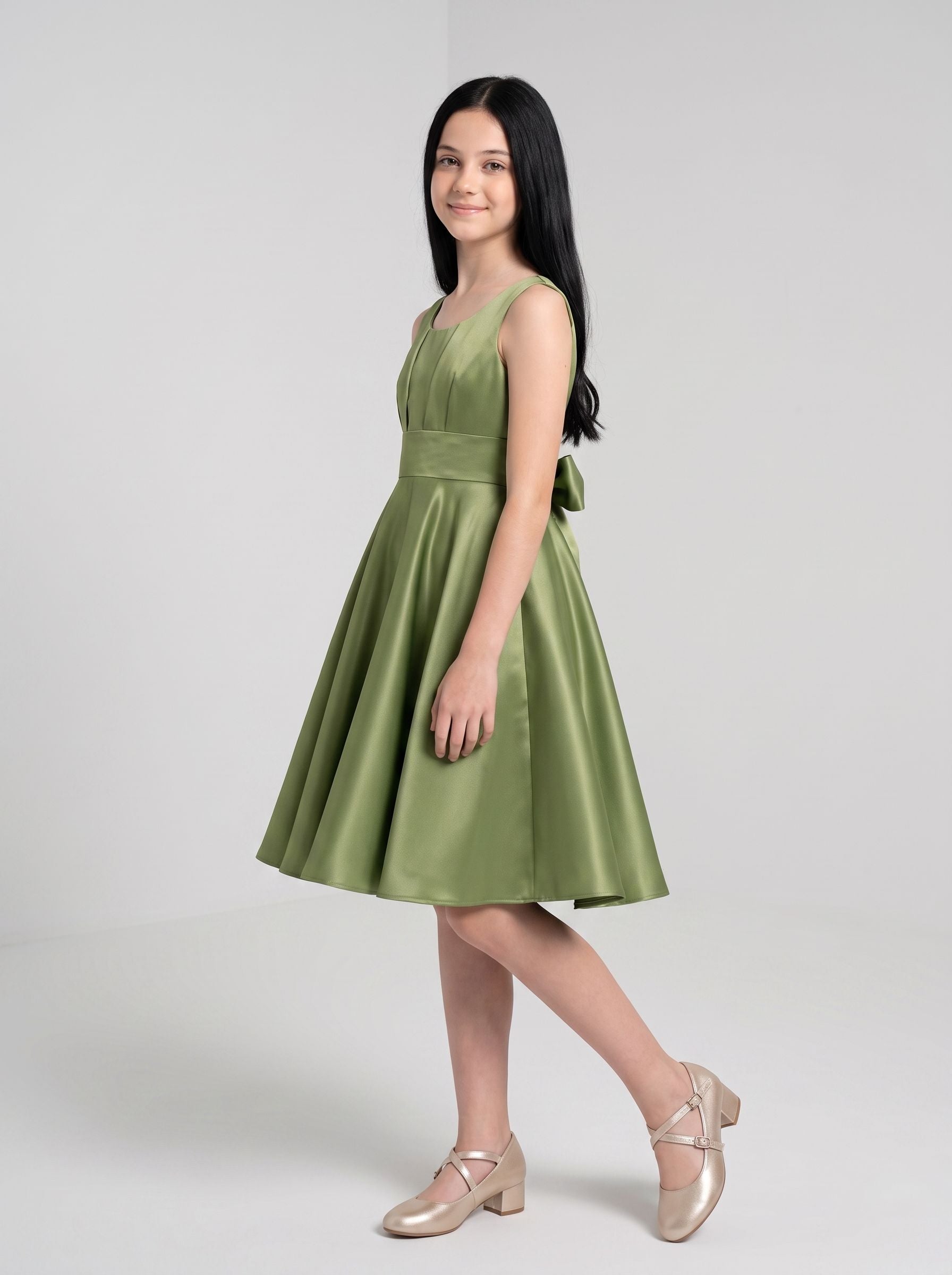 Sage Green Satin A-Line Square Neck Bow Short Dress with Pleated Bodice