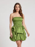 Sage Green Satin A-Line Straight Neck Back Zip Short Dress with Pleated Bodice
