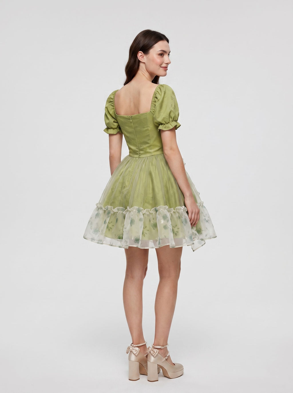 Sage Green Satin A-Line Scoop Neck Back Zip Short Dress with Ruffled Sleeves