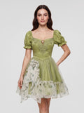 Sage Green Satin A-Line Scoop Neck Back Zip Short Dress with Ruffled Sleeves