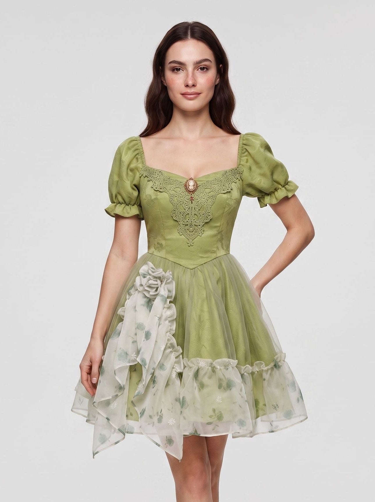 Sage Green Satin A-Line Scoop Neck Back Zip Short Dress with Ruffled Sleeves