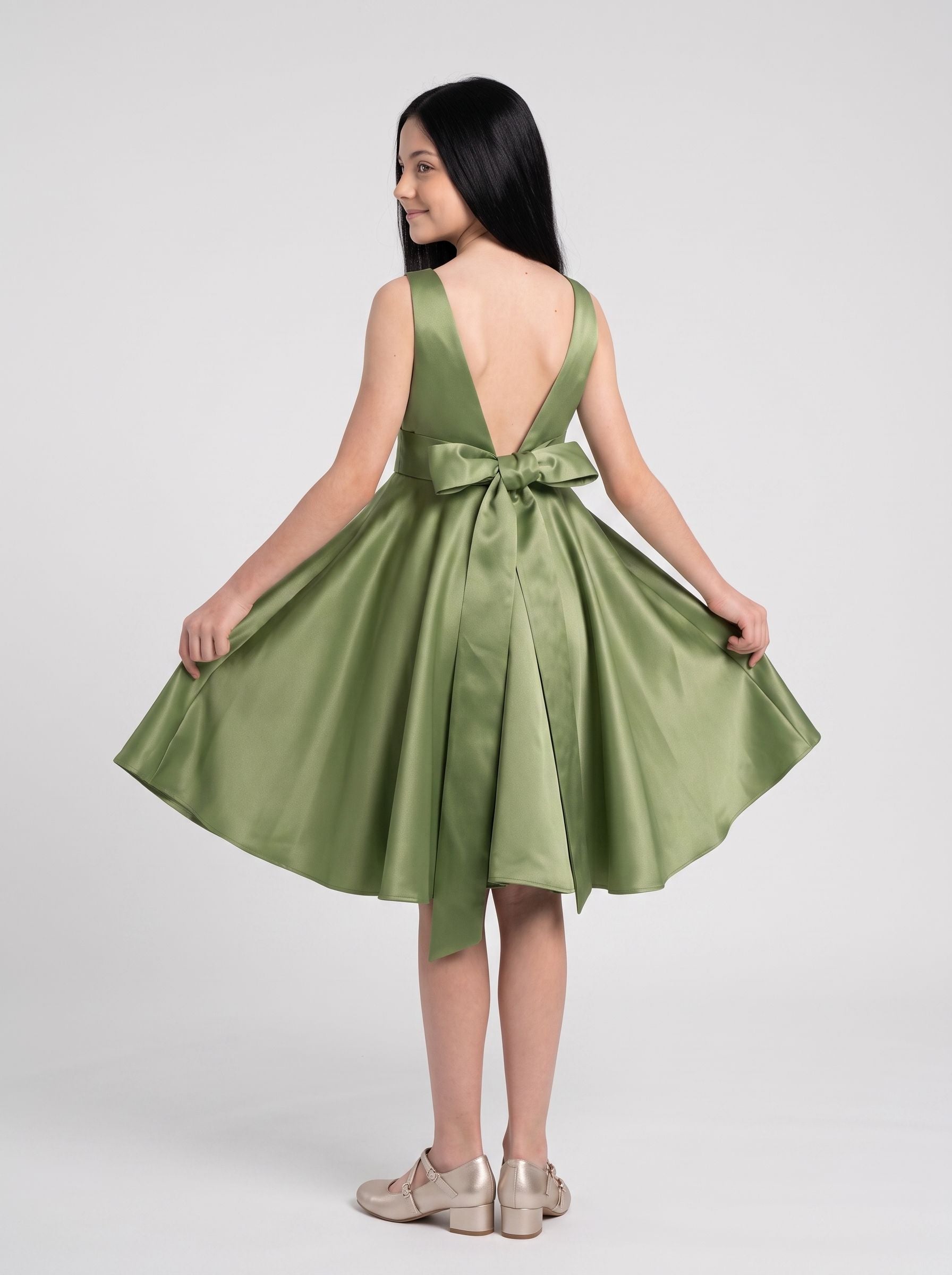 Sage Green Satin A-Line Square Neck Bow Short Dress with Pleated Bodice