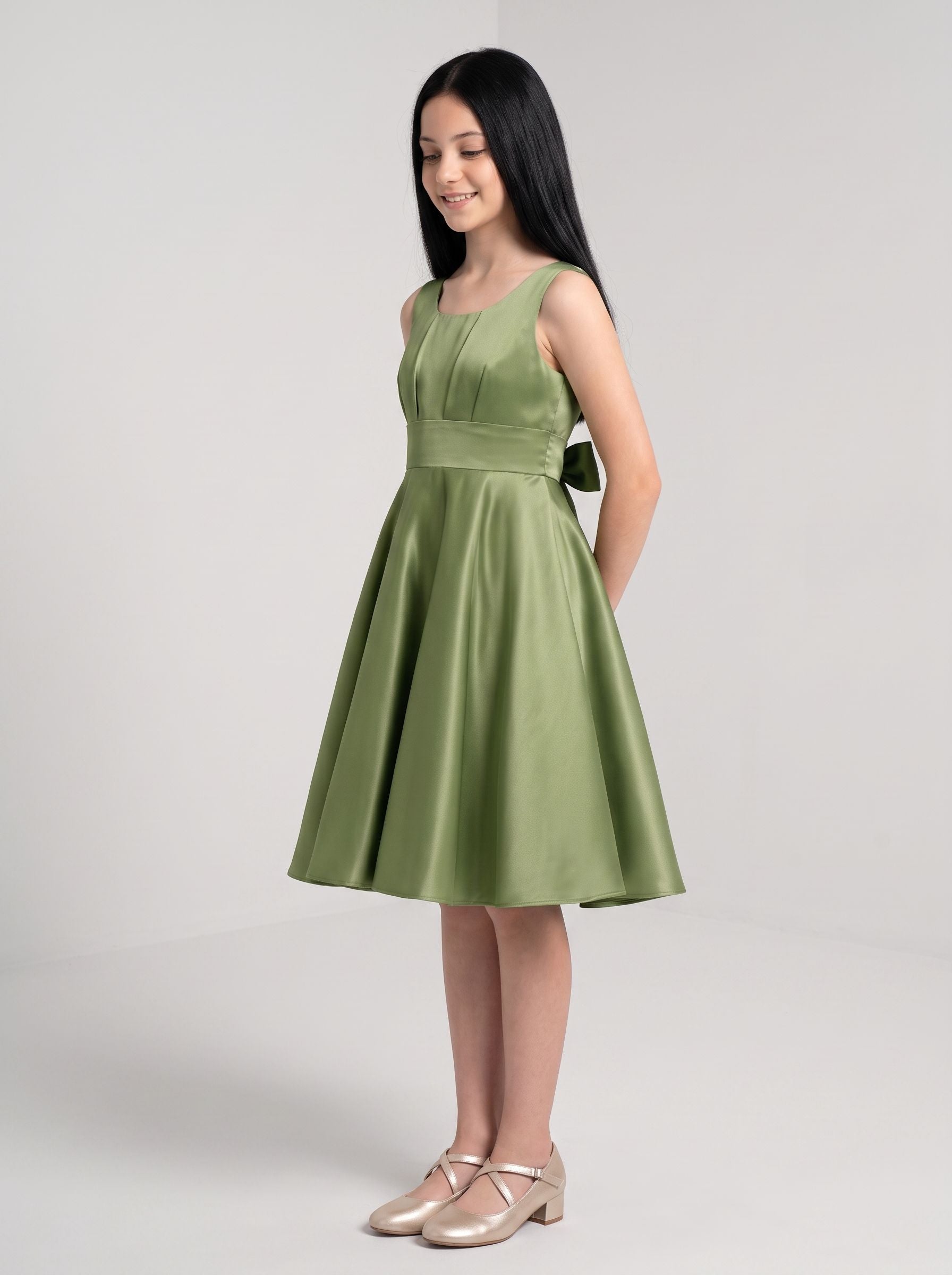 Sage Green Satin A-Line Square Neck Bow Short Dress with Pleated Bodice