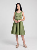 Sage Green Satin A-Line Square Neck Bow Short Dress with Pleated Bodice