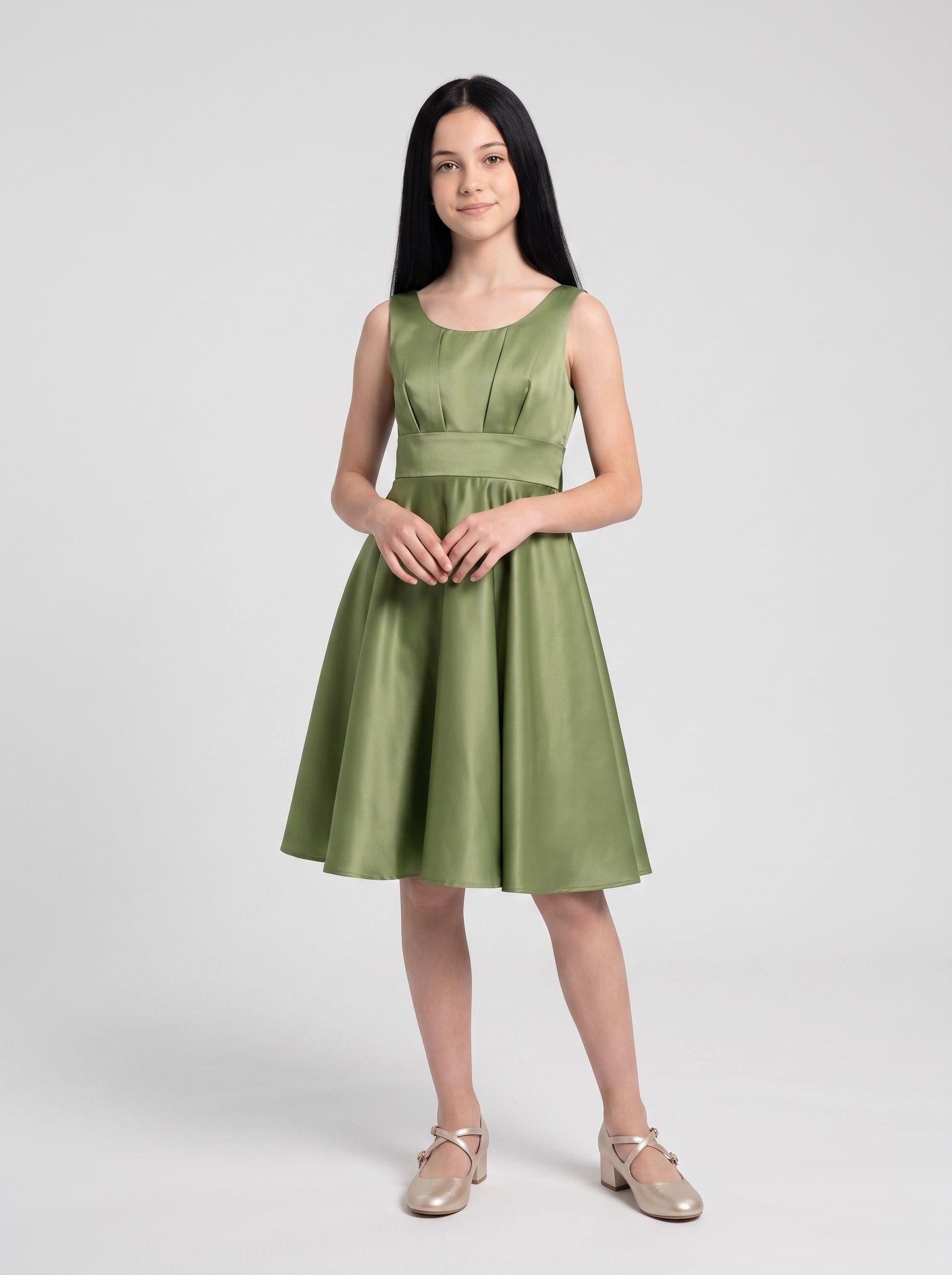Sage Green Satin A-Line Square Neck Bow Short Dress with Pleated Bodice