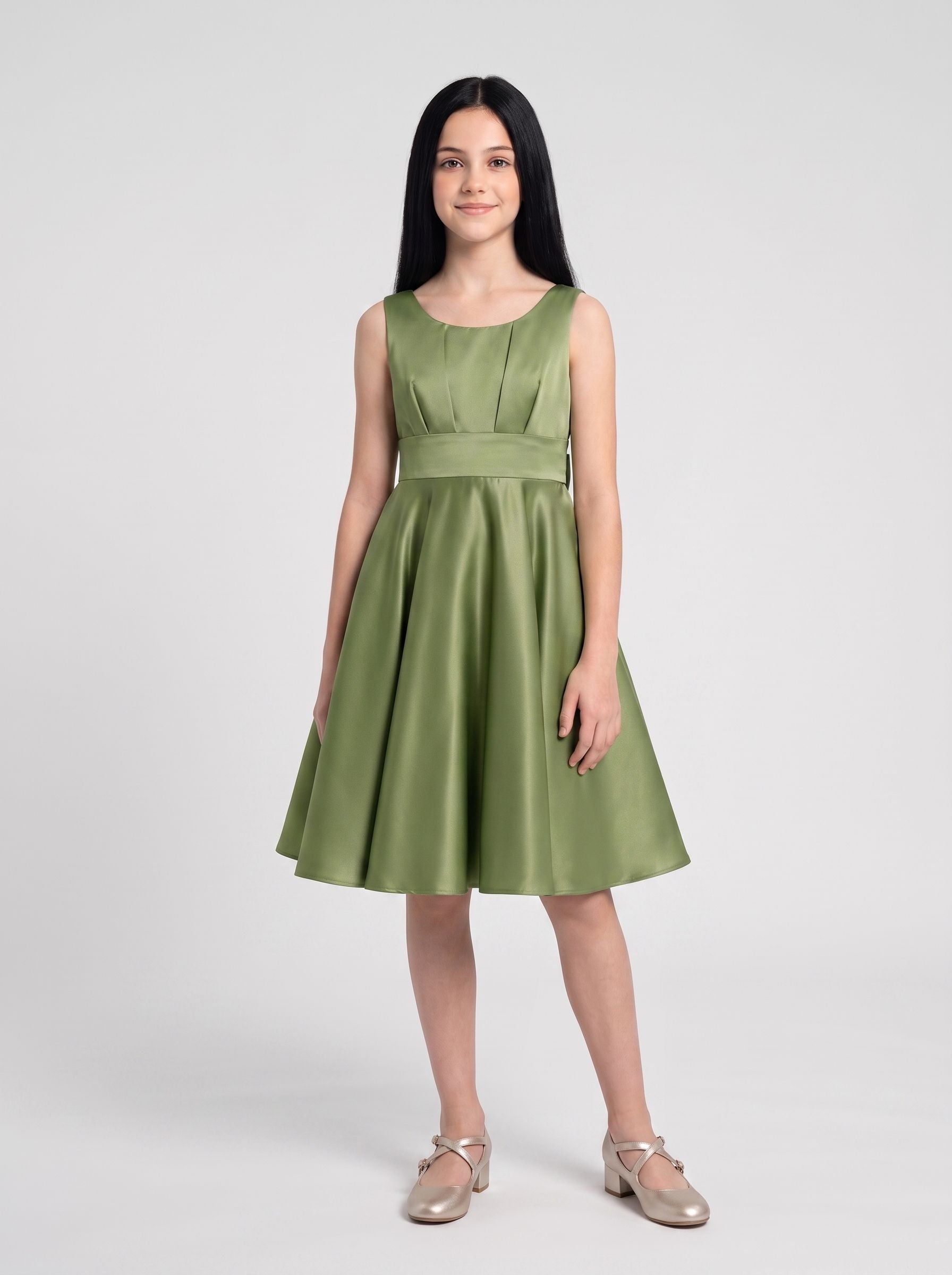 Sage Green Satin A-Line Square Neck Bow Short Dress with Pleated Bodice