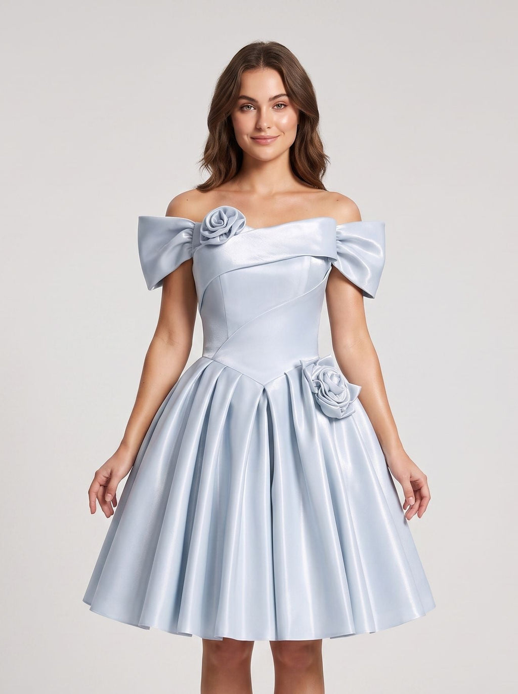 Mist Satin A-Line Off-the-Shoulder Criss-Cross Straps Short Dress with 3D Flower