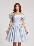 Mist Satin A-Line Off-the-Shoulder Criss-Cross Straps Short Dress with 3D Flower