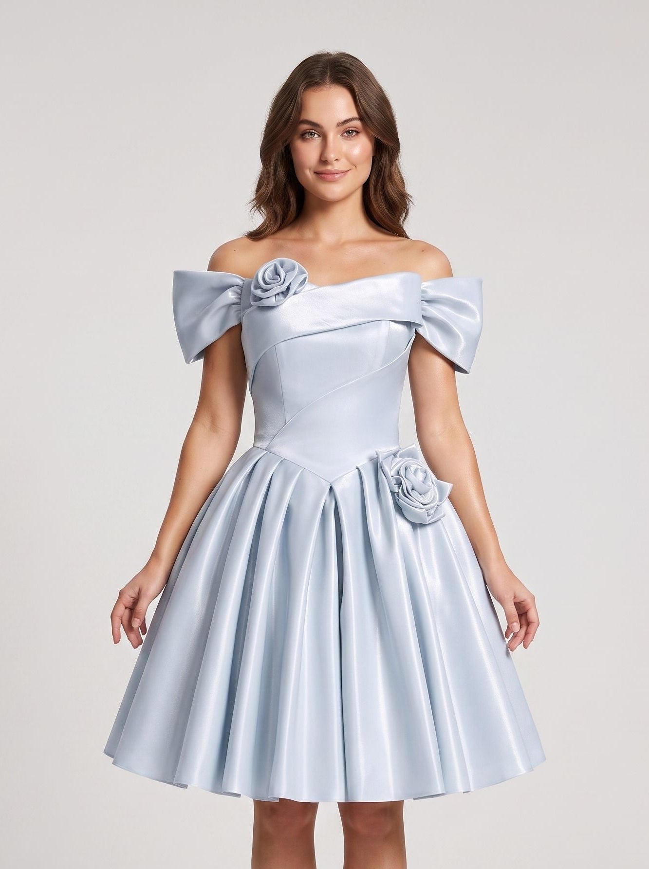 Mist Satin A-Line Off-the-Shoulder Criss-Cross Straps Short Dress with 3D Flower