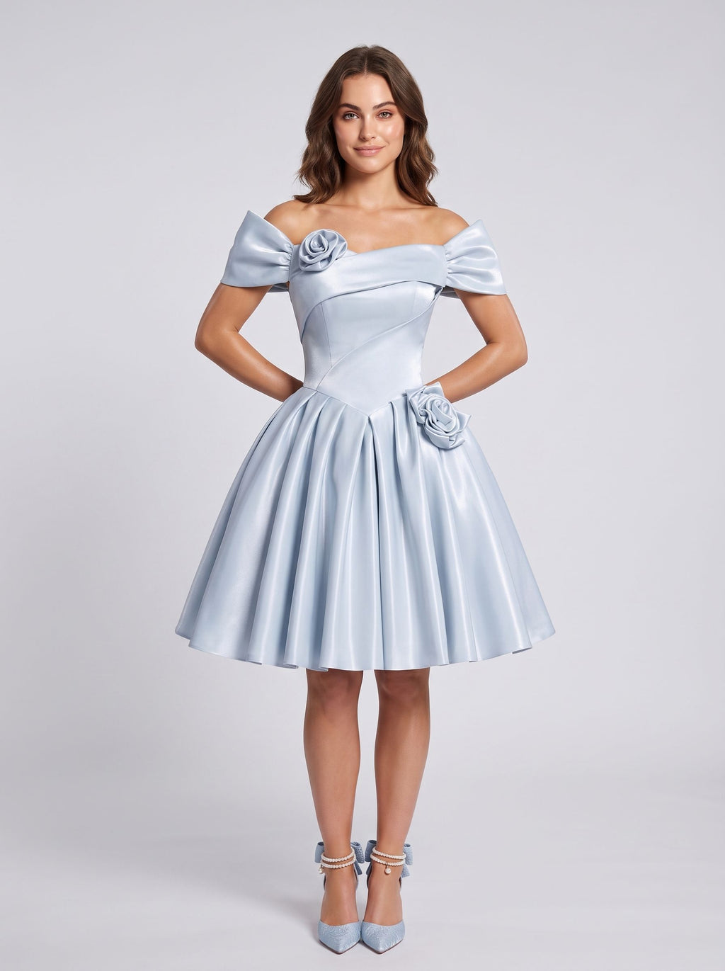 Mist Satin A-Line Off-the-Shoulder Criss-Cross Straps Short Dress with 3D Flower