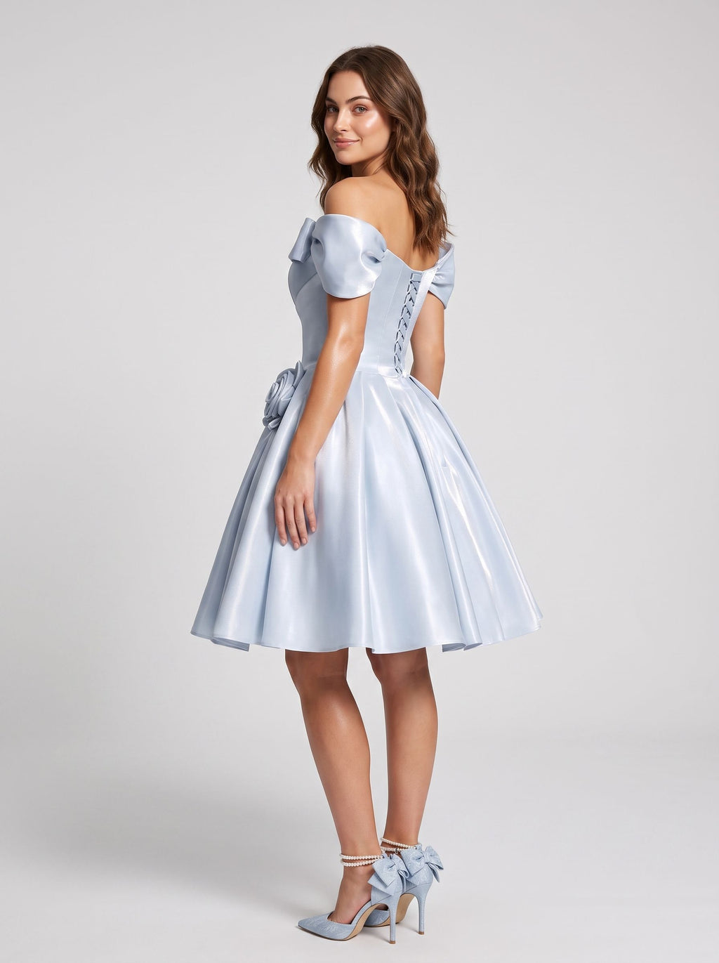 Mist Satin A-Line Off-the-Shoulder Criss-Cross Straps Short Dress with 3D Flower