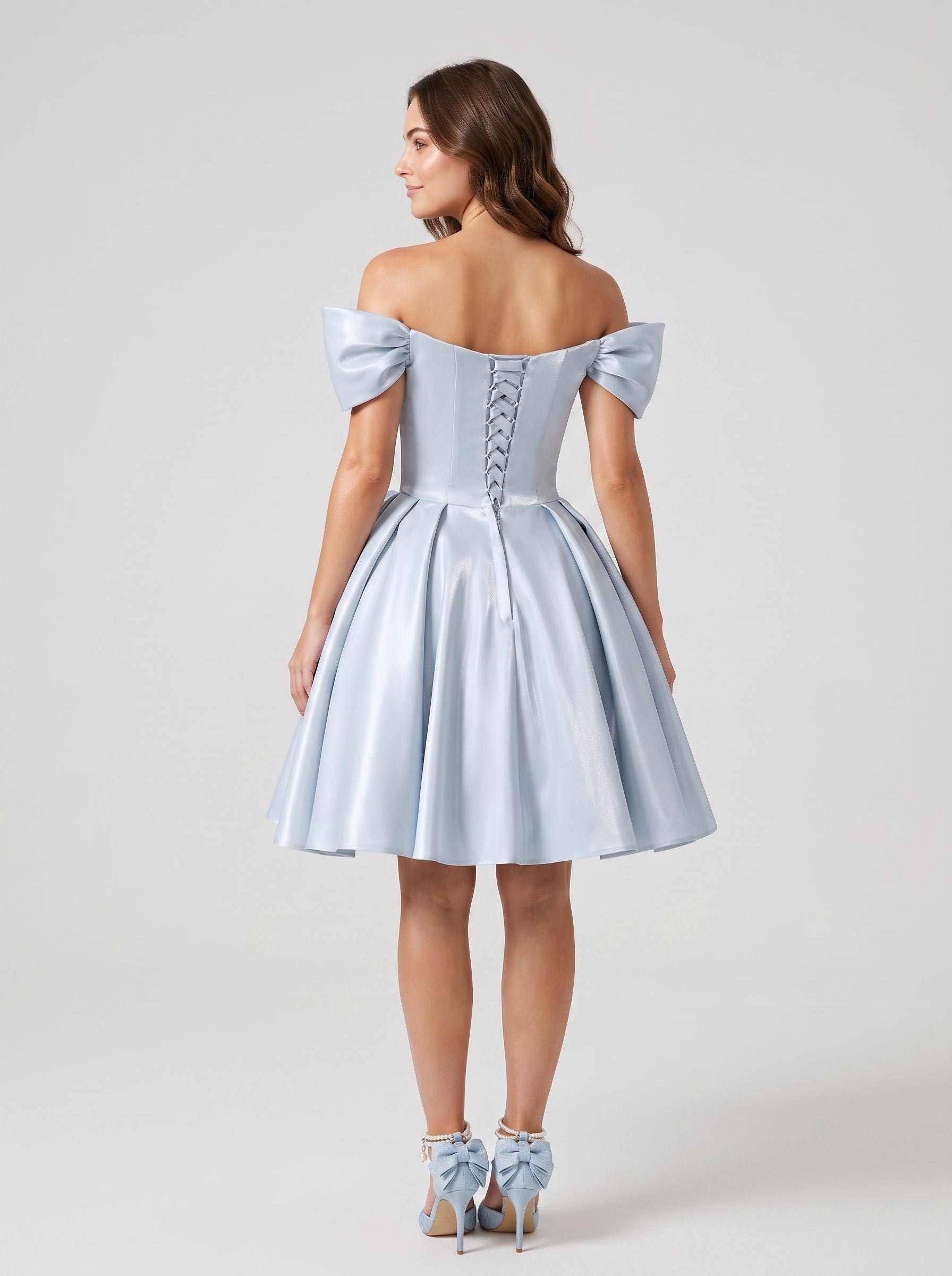 Mist Satin A-Line Off-the-Shoulder Criss-Cross Straps Short Dress with 3D Flower
