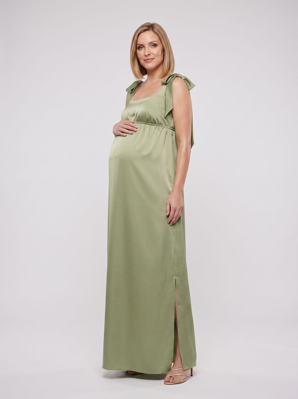 Sage Green Satin Empire Square Neck Back Zip Floor-Length Dress with Side Slit