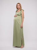 Sage Green Satin Empire Square Neck Back Zip Floor-Length Dress with Side Slit