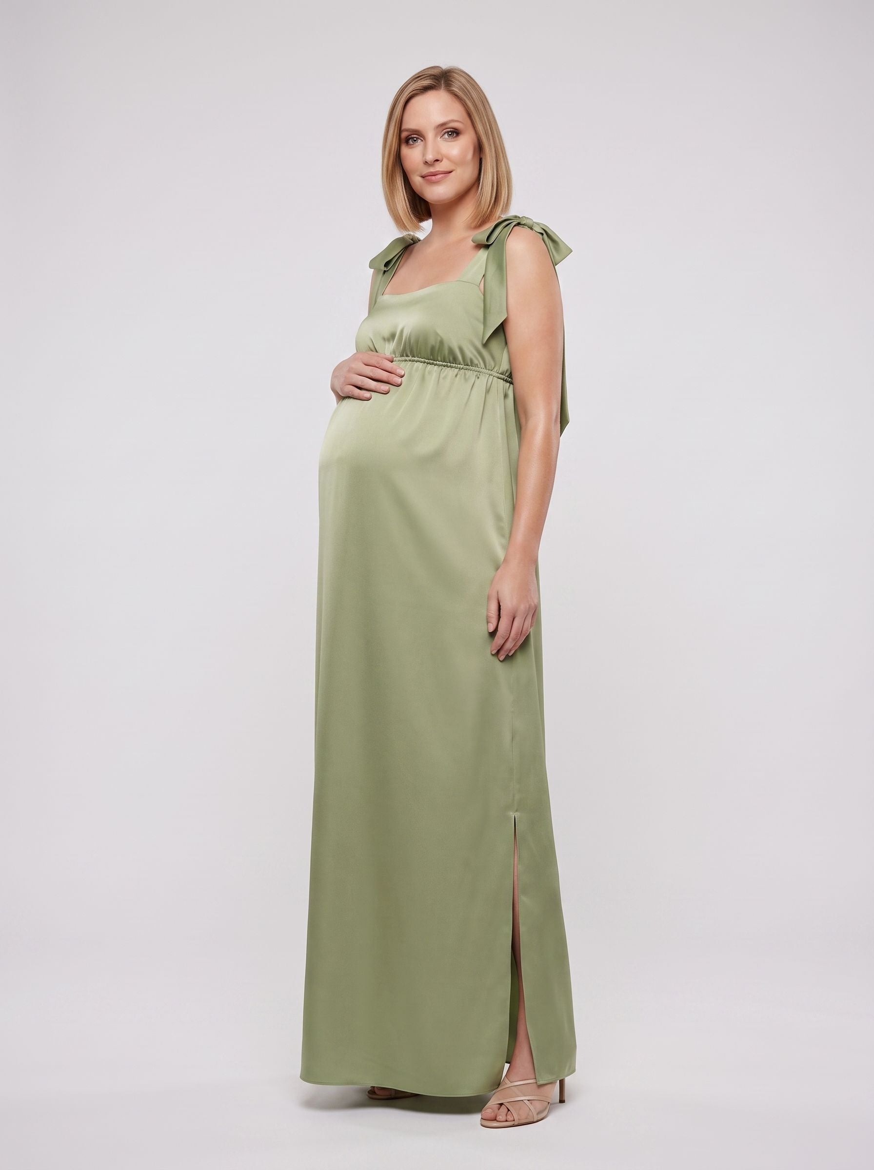 Sage Green Satin Empire Square Neck Back Zip Floor-Length Dress with Side Slit