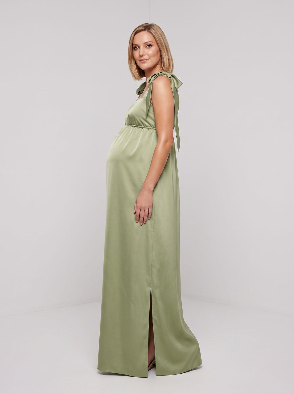 Sage Green Satin Empire Square Neck Back Zip Floor-Length Dress with Side Slit
