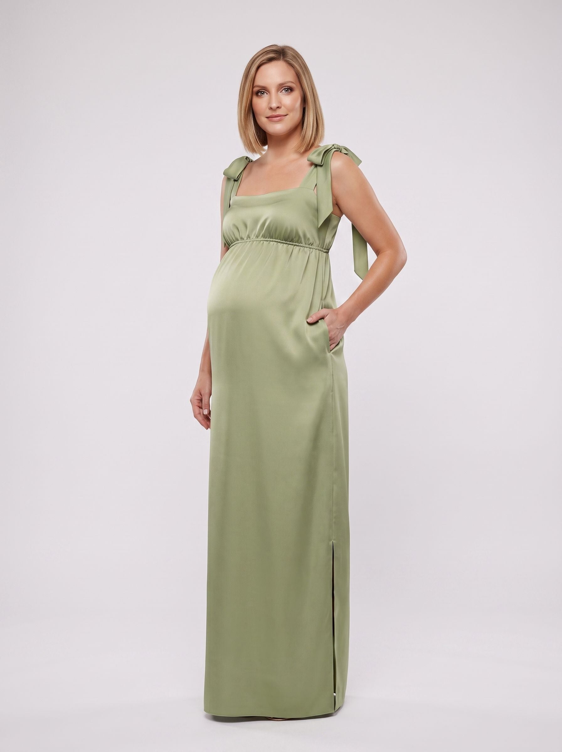 Sage Green Satin Empire Square Neck Back Zip Floor-Length Dress with Side Slit