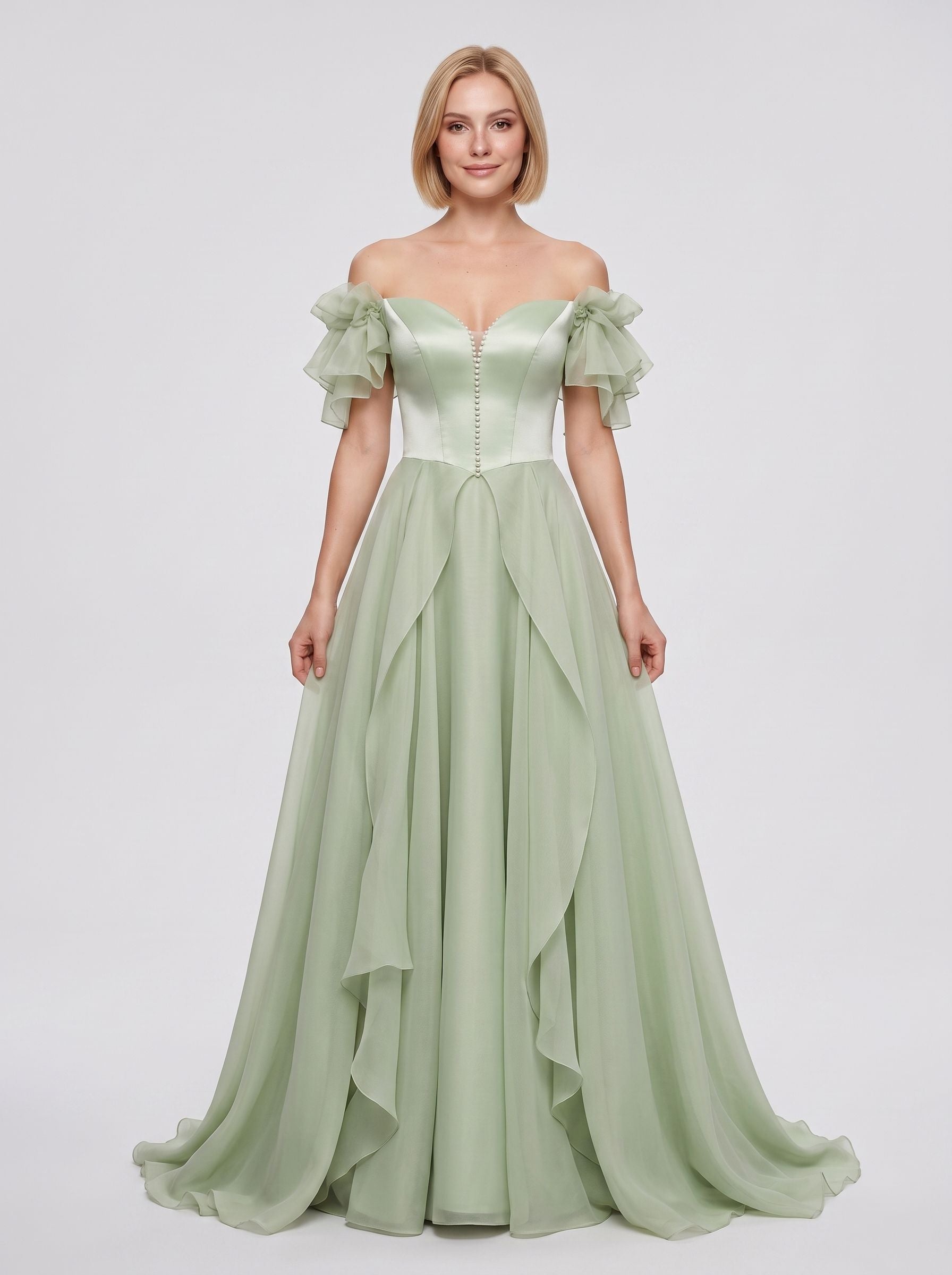 Dusty Sage Chiffon A-Line Off-the-Shoulder Lace-up Floor-Length Dress with Pleated Bodice