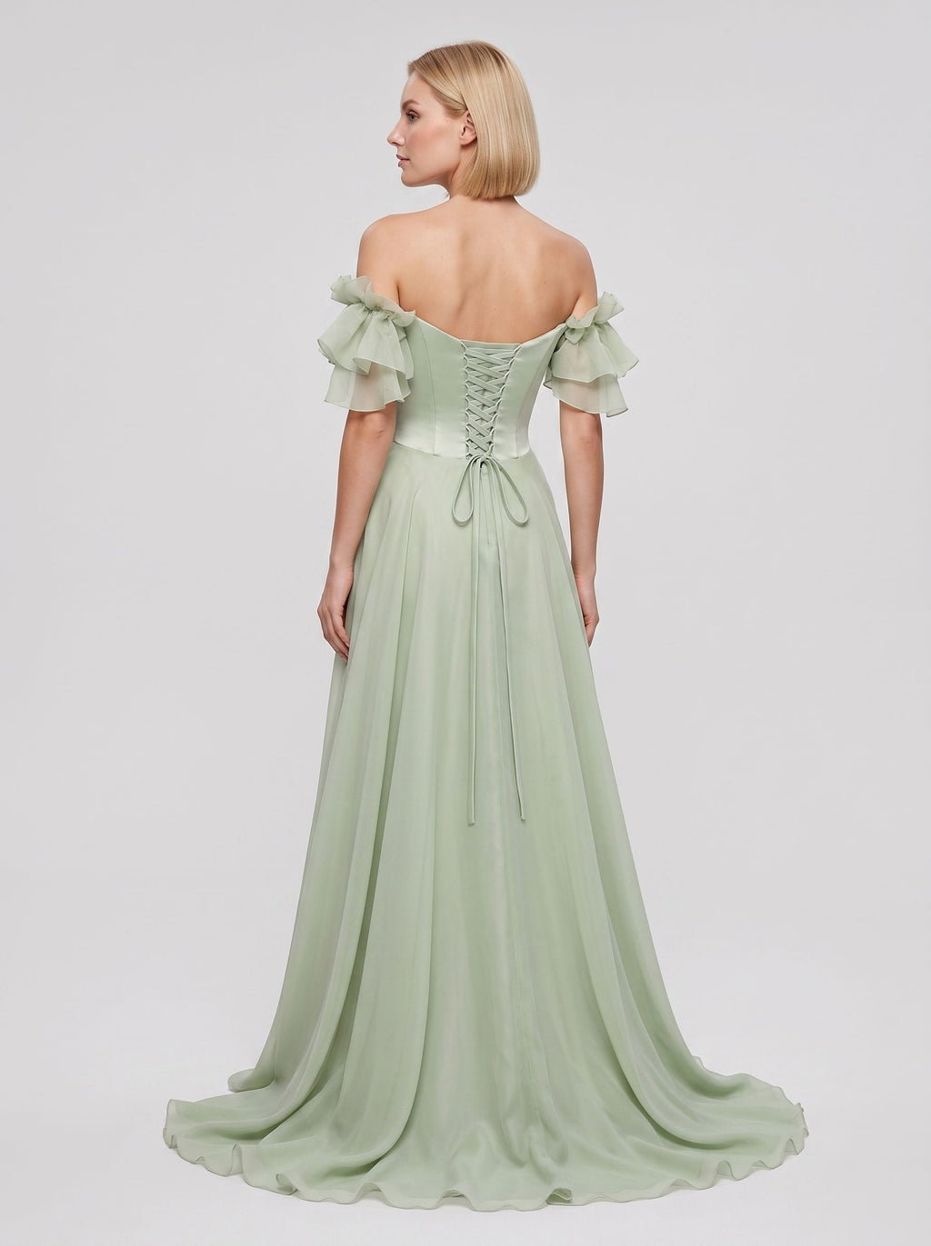 Dusty Sage Chiffon A-Line Off-the-Shoulder Lace-up Floor-Length Dress with Pleated Bodice