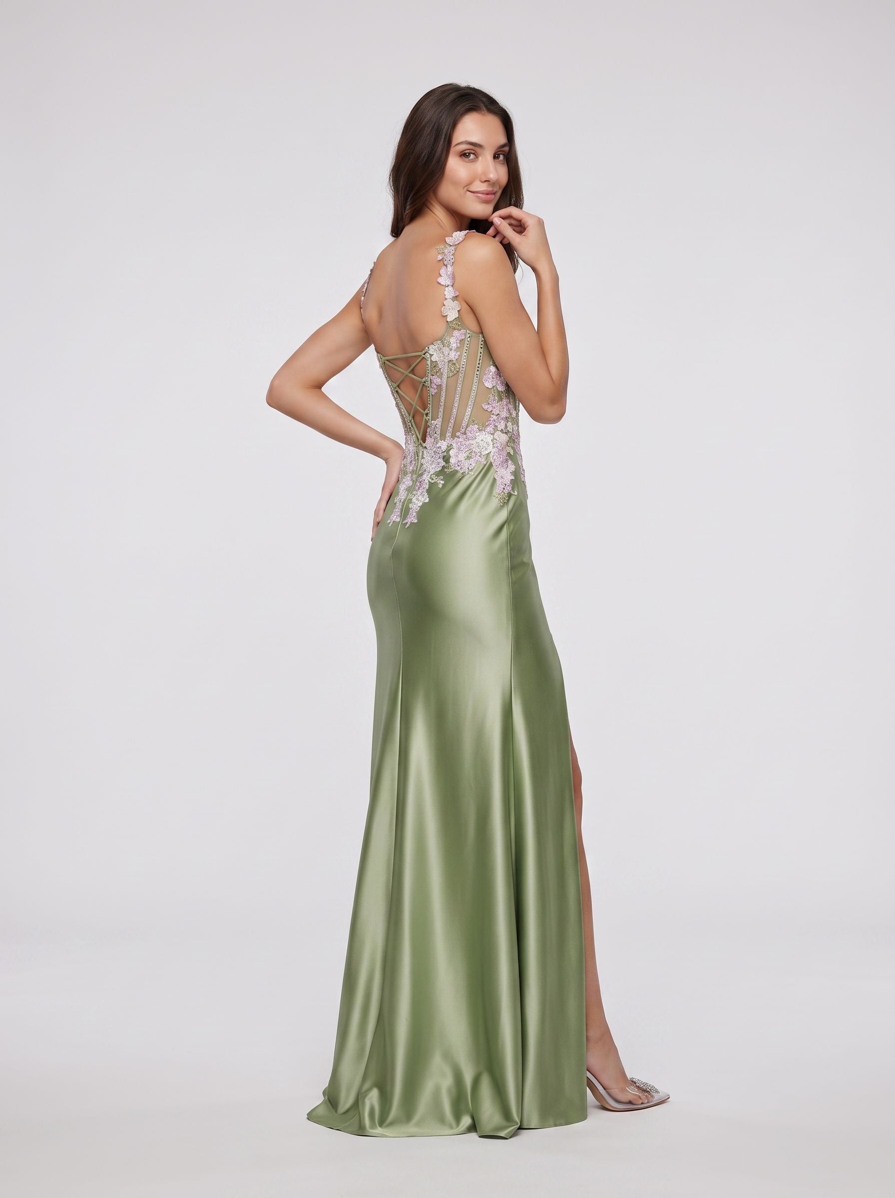 Sage Green Satin column Sweetheart Lace-up Floor-Length Dress with 3D Floral Bodice