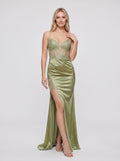 Sage Green Satin A-Line V-Neck Lace-up Floor-Length Dress with Sheer Embellished Corset and Slit