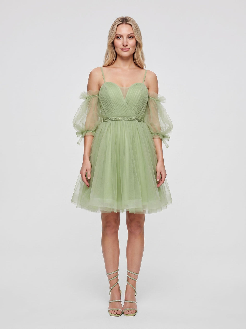Green Tulle A-Line Sweetheart Back Zip Short Dress with Puffy Sleeves