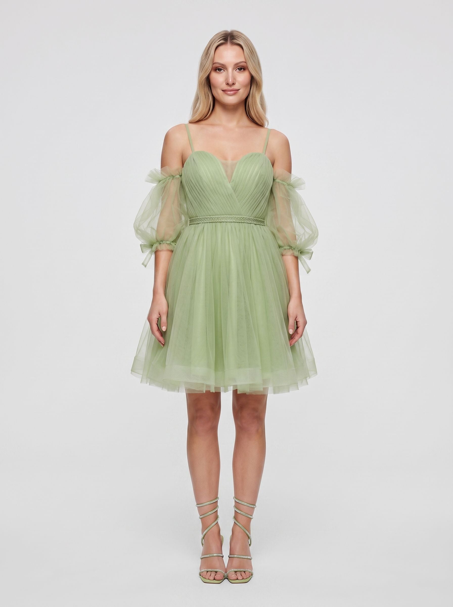 Green Tulle A-Line Sweetheart Back Zip Short Dress with Puffy Sleeves