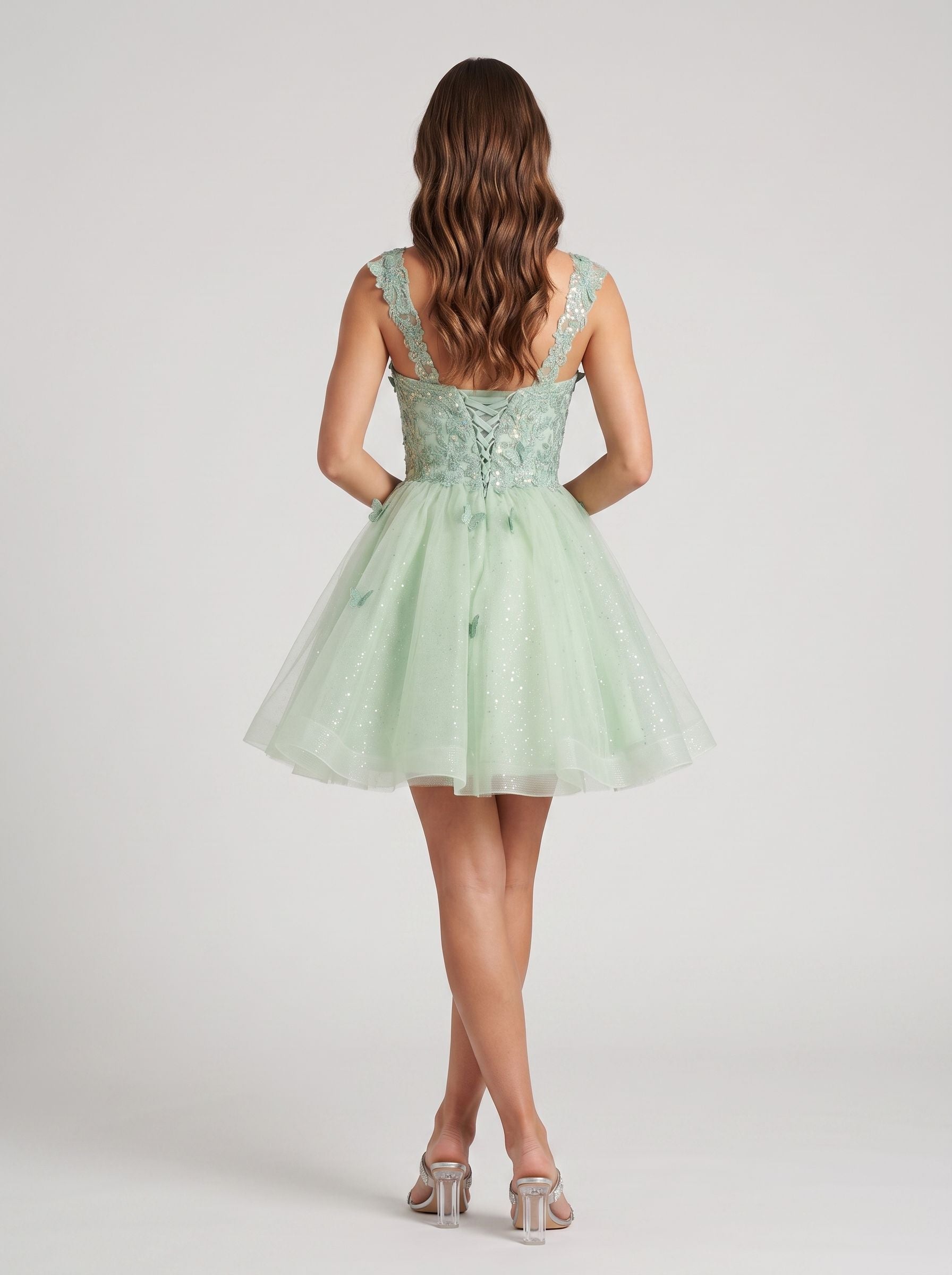 Green Tulle A-Line Sweetheart Criss-Cross Straps Short Dress with Butterfly Appliques