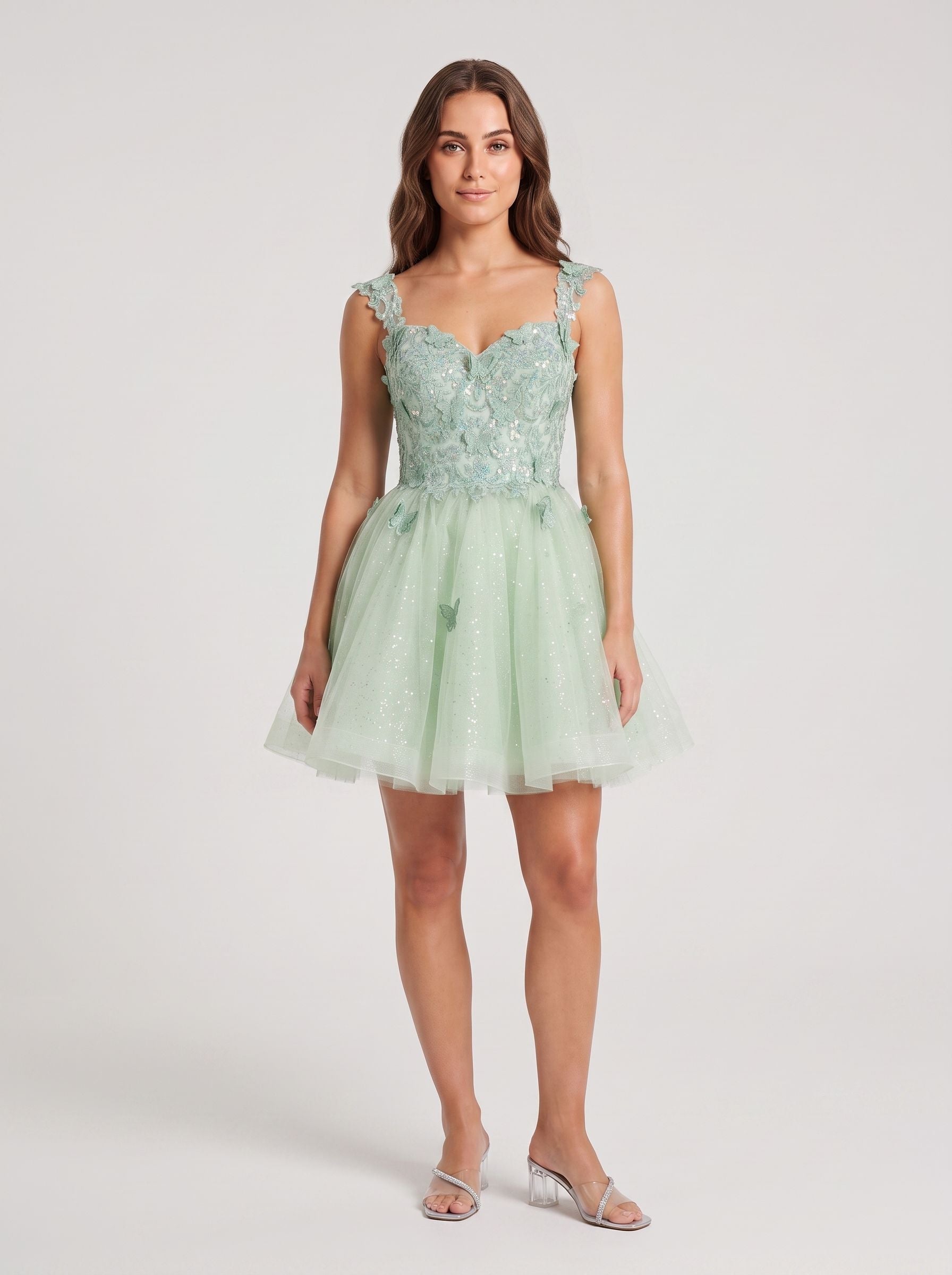 Green Tulle A-Line Sweetheart Criss-Cross Straps Short Dress with Butterfly Appliques