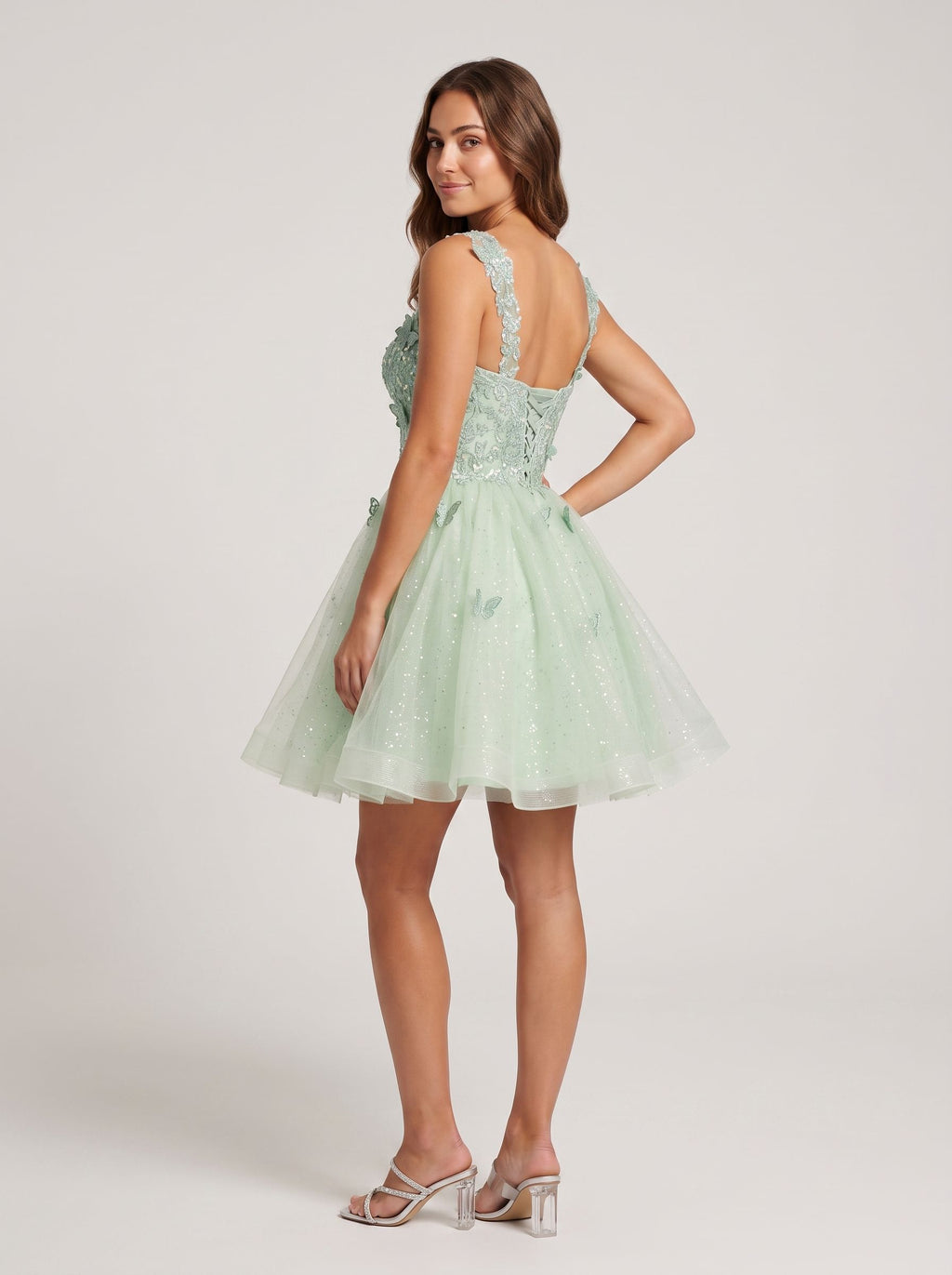 Green Tulle A-Line Sweetheart Criss-Cross Straps Short Dress with Butterfly Appliques