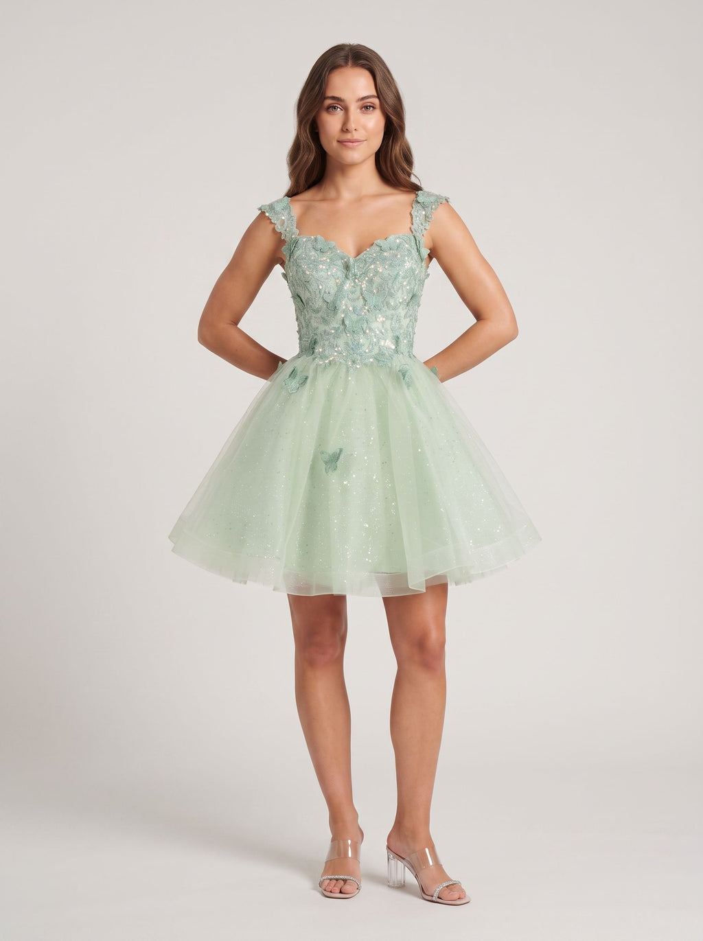 Green Tulle A-Line Sweetheart Criss-Cross Straps Short Dress with Butterfly Appliques