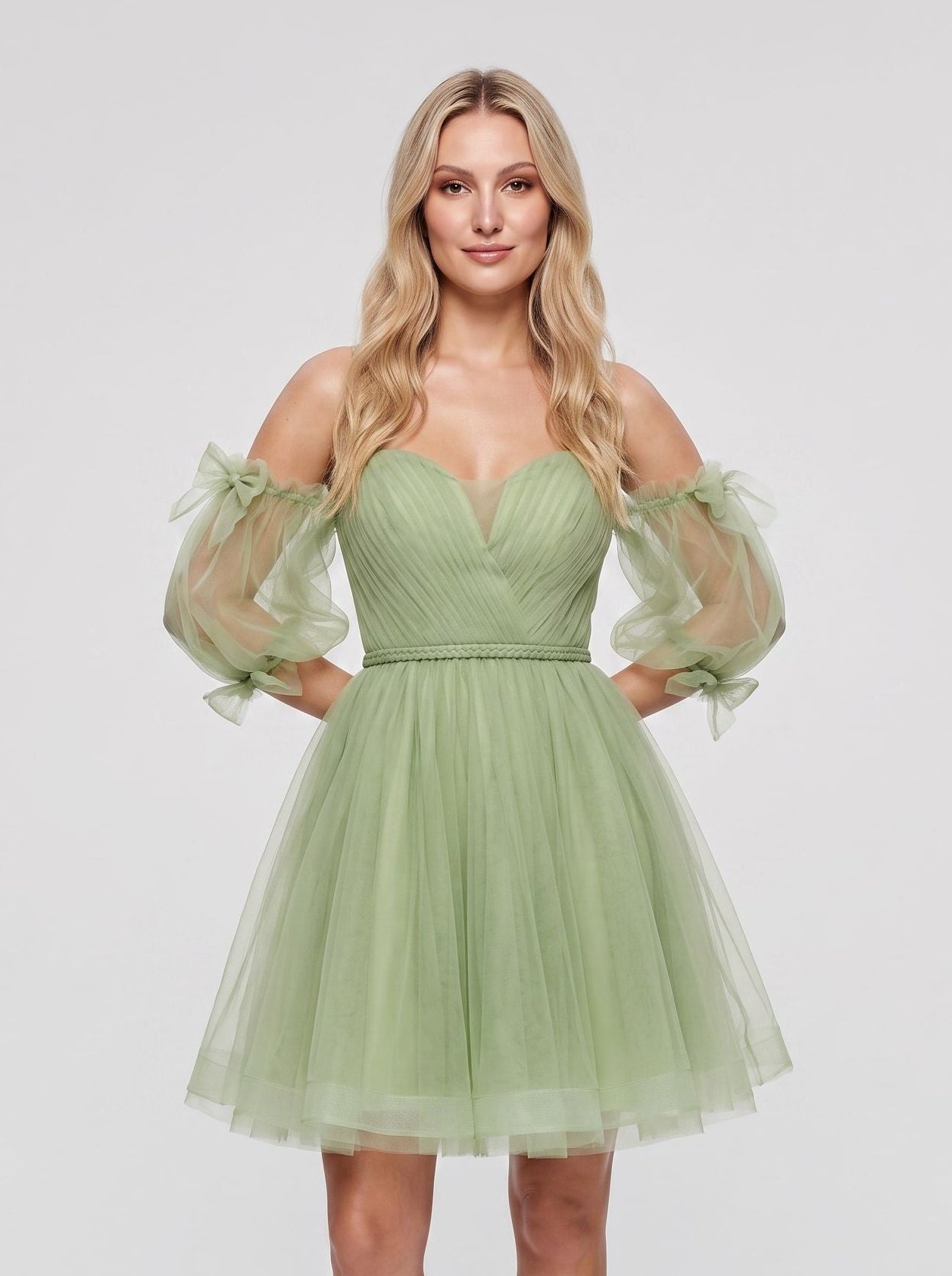 Green Tulle A-Line Sweetheart Back Zip Short Dress with Puffy Sleeves