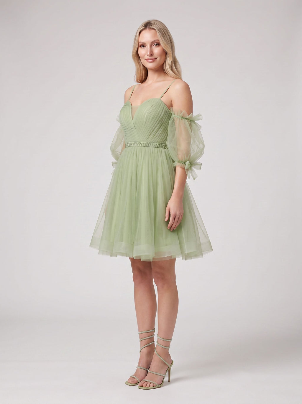 Green Tulle A-Line Sweetheart Back Zip Short Dress with Puffy Sleeves