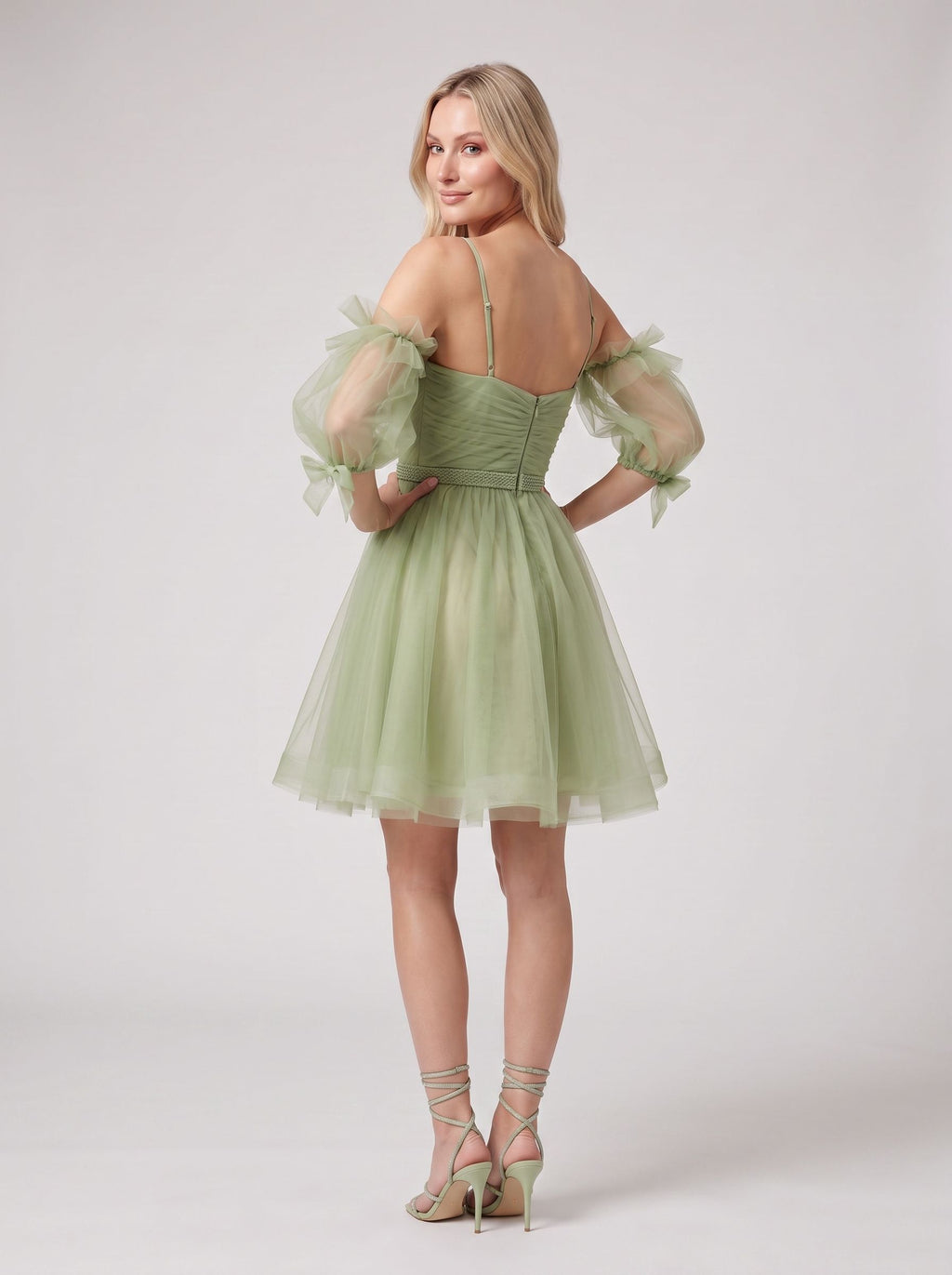 Green Tulle A-Line Sweetheart Back Zip Short Dress with Puffy Sleeves