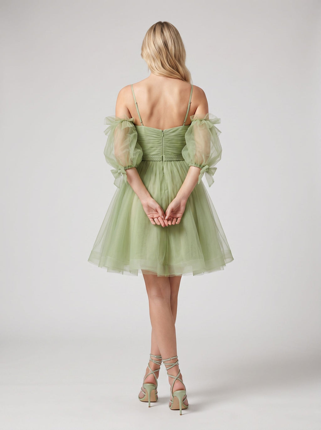 Green Tulle A-Line Sweetheart Back Zip Short Dress with Puffy Sleeves