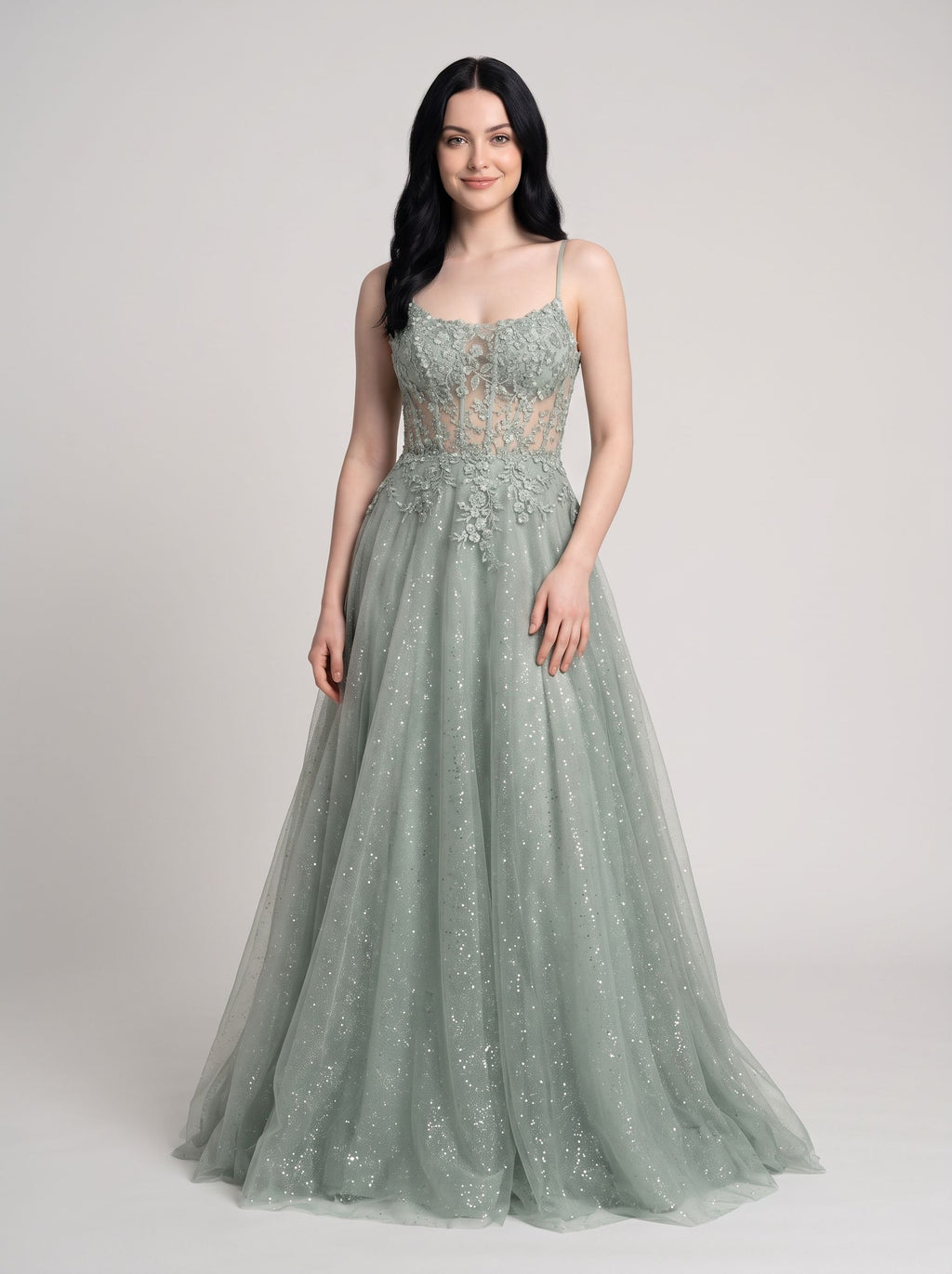 Green Sequins A-Line Scoop Neck Lace-up Floor-Length Dress with Floral Embroidery and Glitter