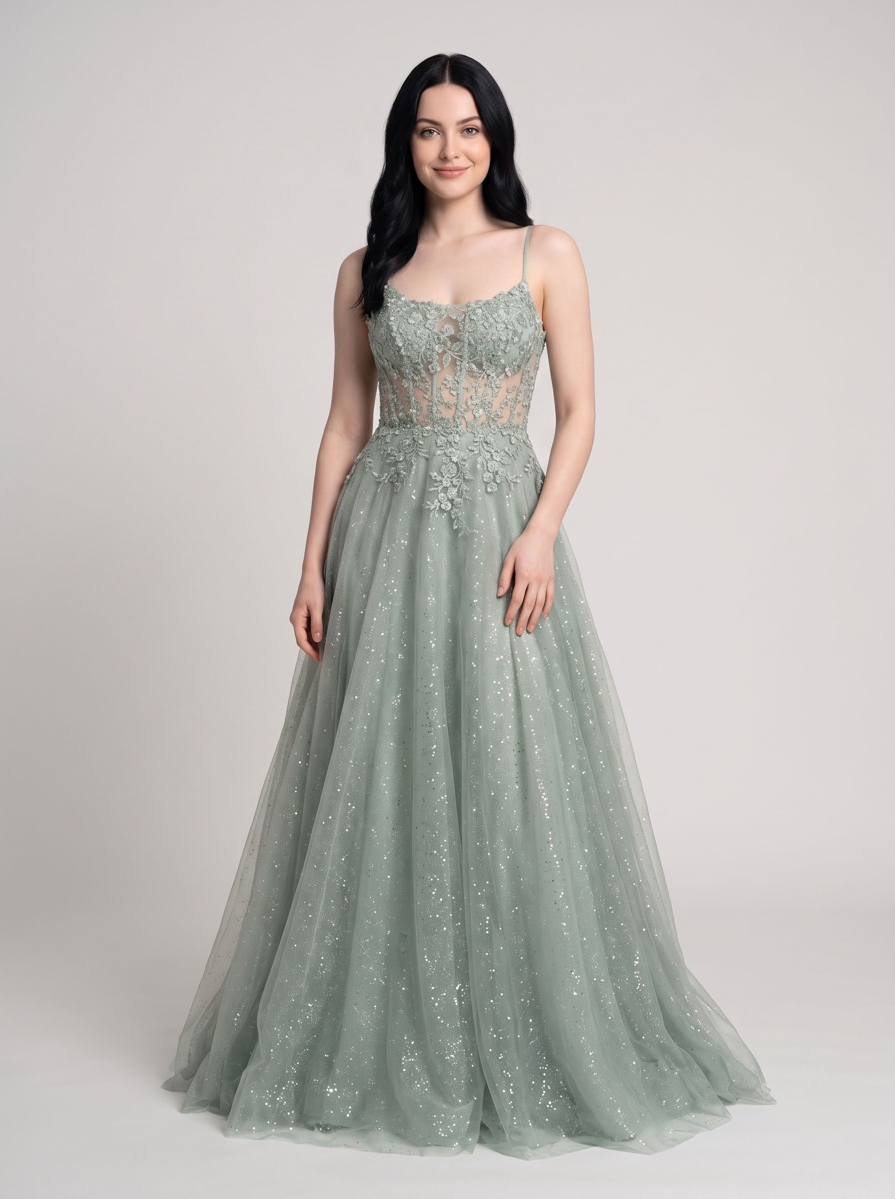 Green Sequins A-Line Scoop Neck Lace-up Floor-Length Dress with Floral Embroidery and Glitter