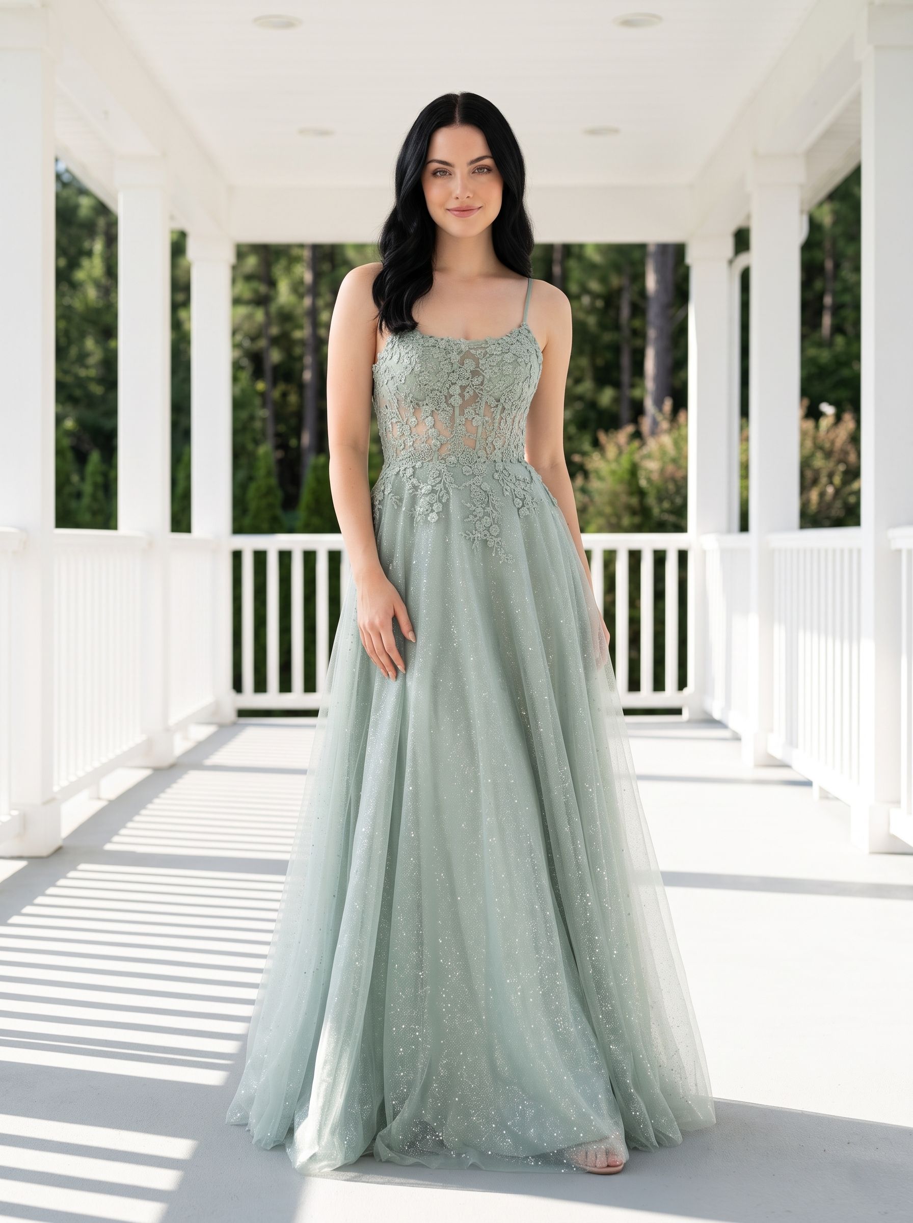 Green Sequins A-Line Scoop Neck Lace-up Floor-Length Dress with Floral Embroidery and Glitter