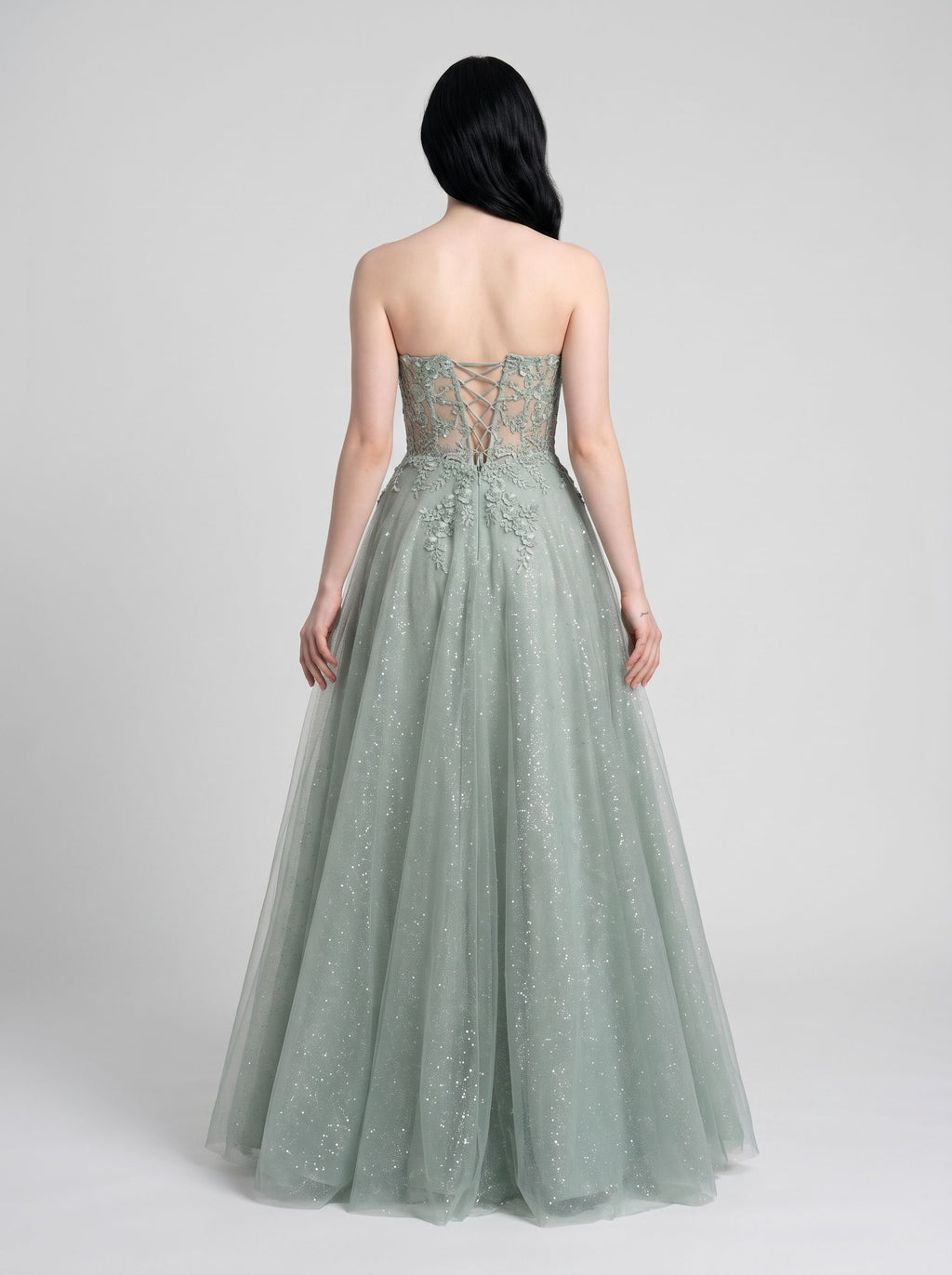 Green Sequins A-Line Scoop Neck Lace-up Floor-Length Dress with Floral Embroidery and Glitter