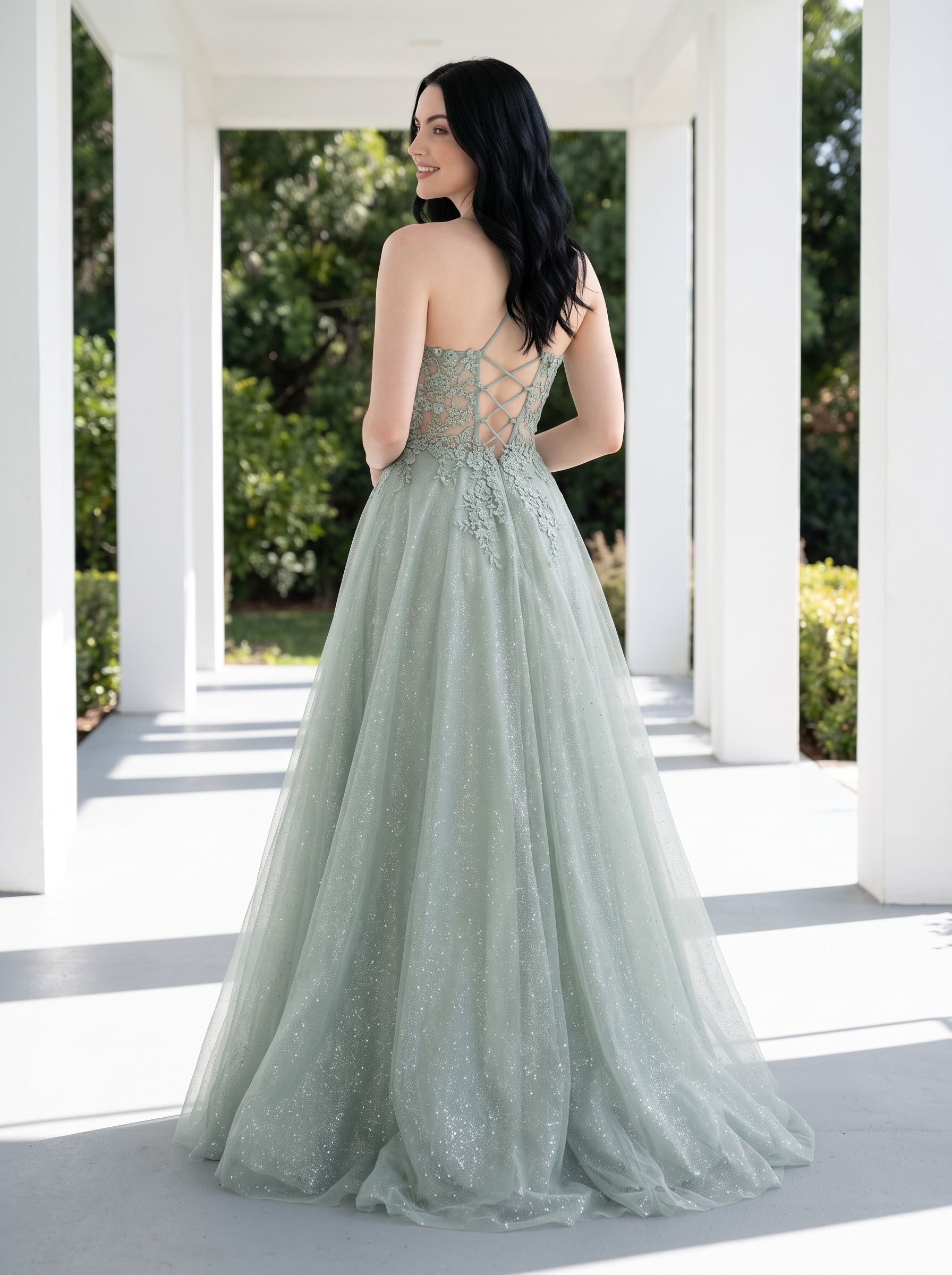 Green Sequins A-Line Scoop Neck Lace-up Floor-Length Dress with Floral Embroidery and Glitter