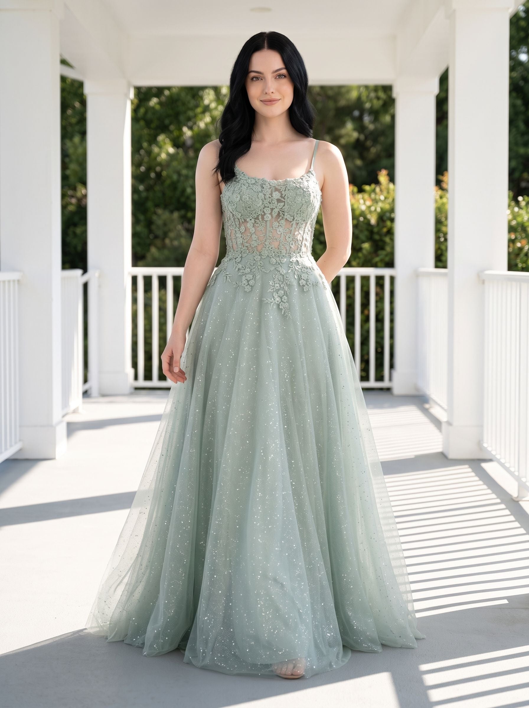 Green Sequins A-Line Scoop Neck Lace-up Floor-Length Dress with Floral Embroidery and Glitter