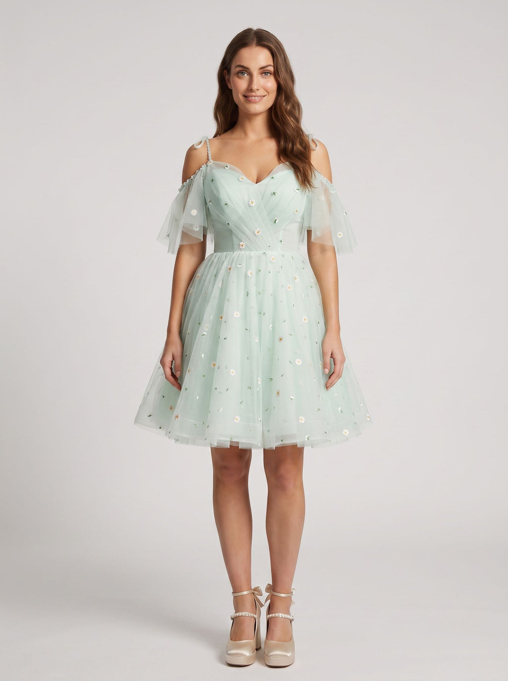 Green Tulle A-Line Sweetheart Lace-up Short Dress with Daisy Appliques